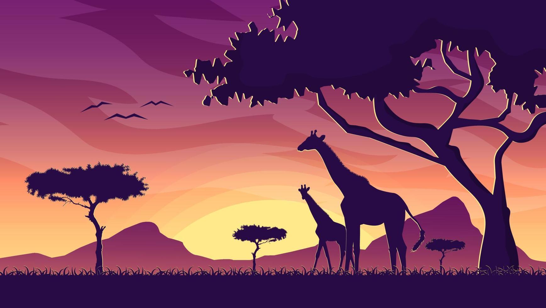 safari plano dibujado a mano al atardecer con fondo de pantalla de jirafas vector