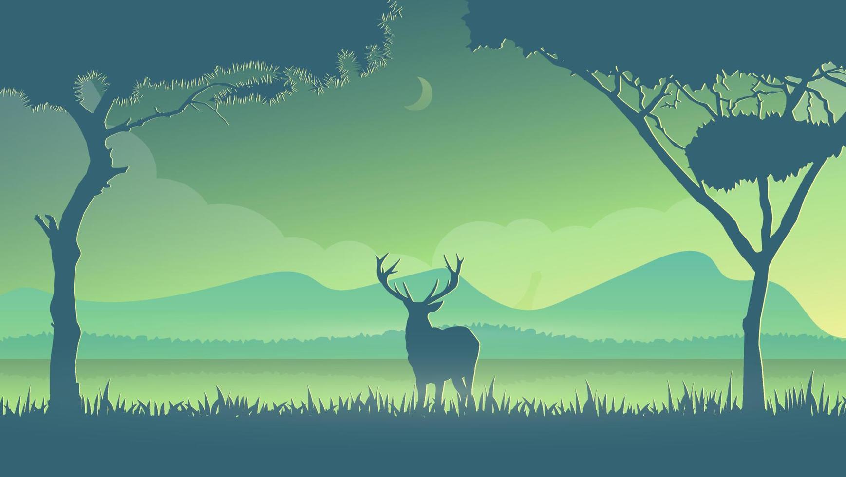 Hand Drawn Wildlife Landscape With Deer, Mountains and Lake Background vector