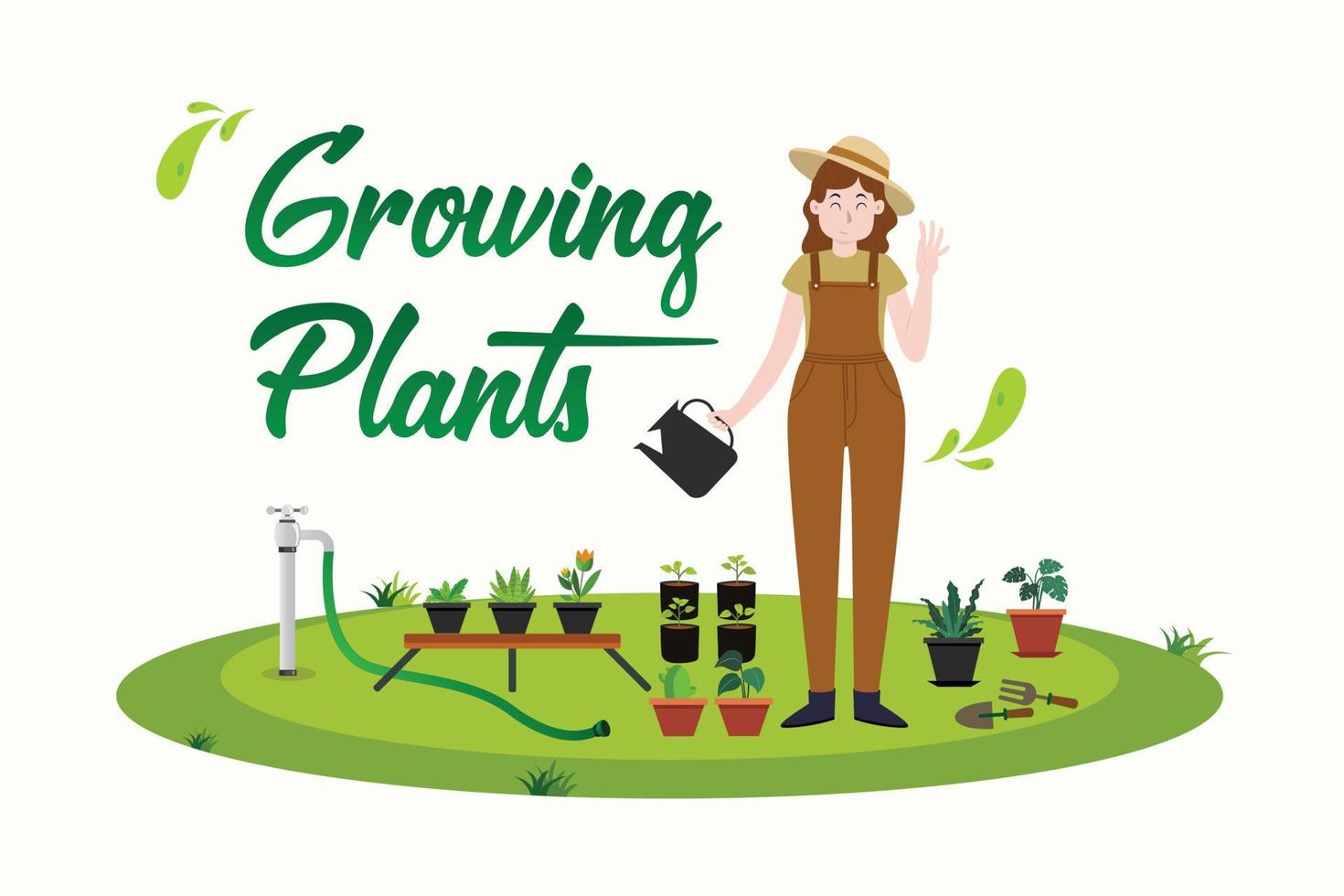 Growing plants concept. Woman watering plants. Gardening background vector