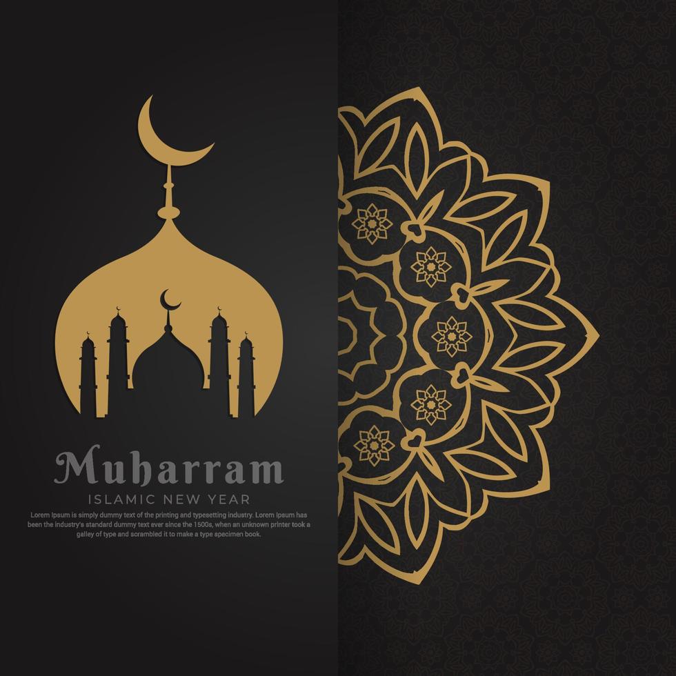 elegante fondo de año nuevo islámico feliz muharram con diseño de mandala y mezquita. diseño islámico de año nuevo vector