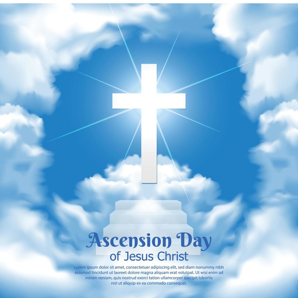 diseño del día de la ascensión de jesucristo con nubes realistas, cruz y cielo azul. adecuado para tarjetas de felicitación, afiches, tarjetas de celebración, pancartas, antecedentes, redes sociales. vector
