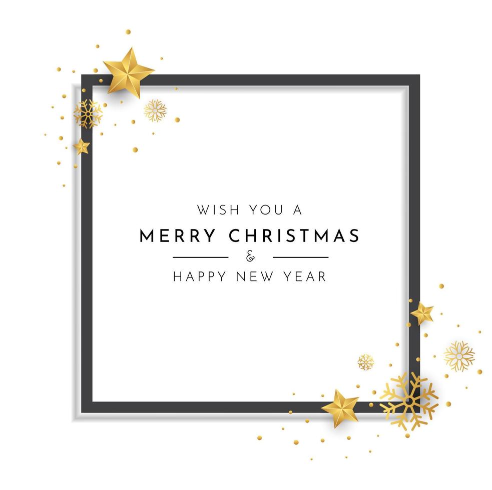 Elegant christmas background with black frame, gold snowflake and gold star. vector