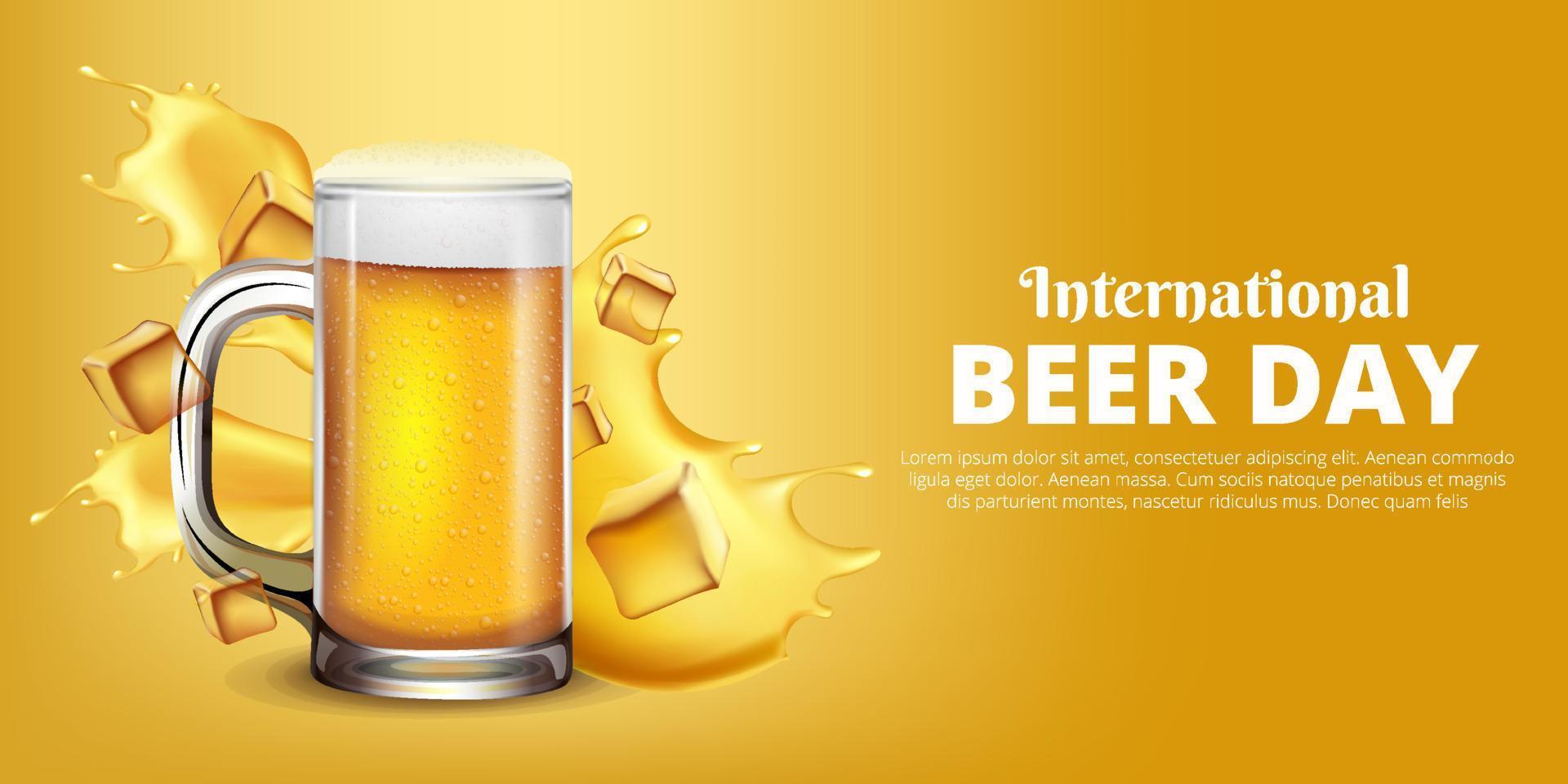 elegante fondo del día internacional de la cerveza con cerveza realista y cubito de hielo. vector