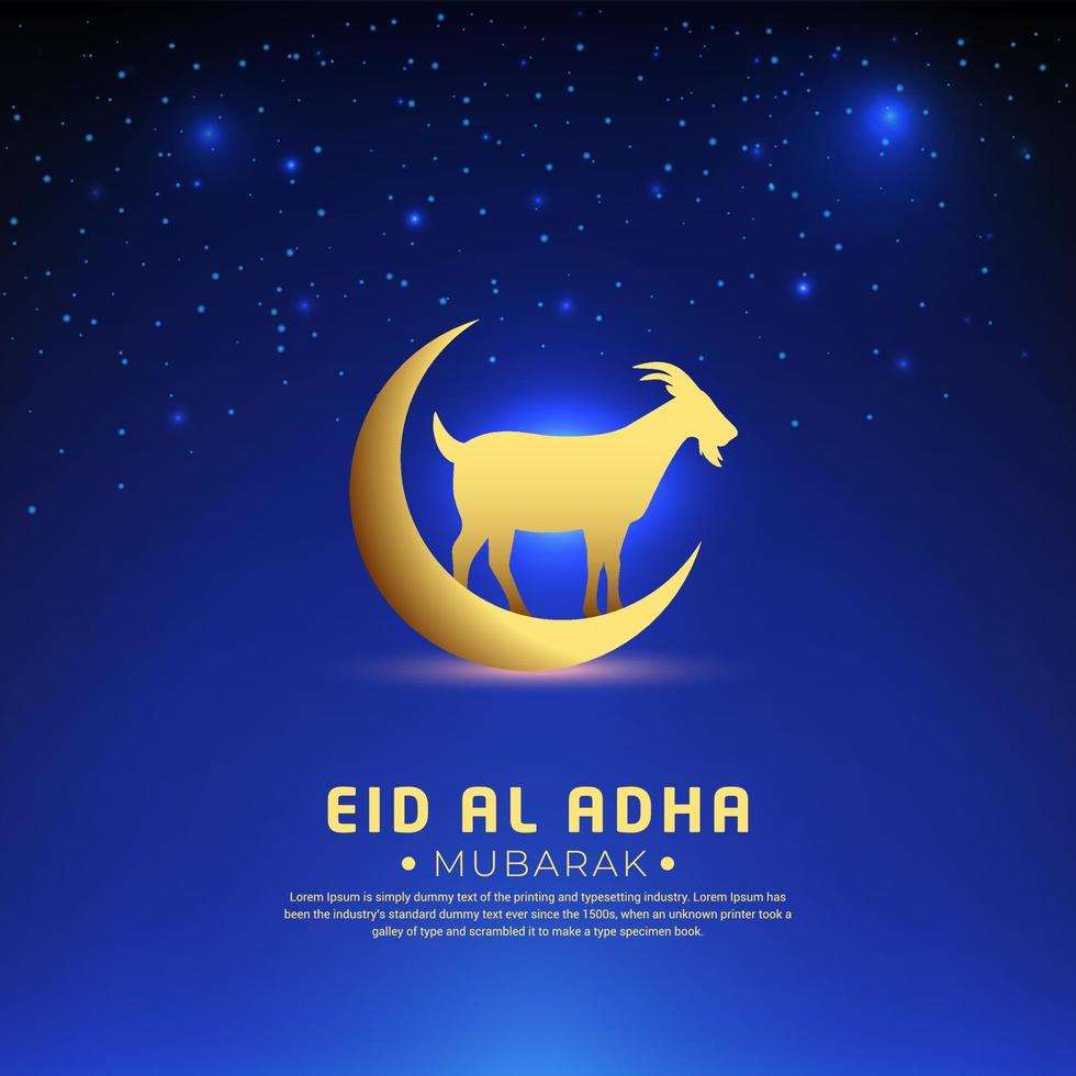 Eid al adha design with starry night background and shinny crescent moon and goat. Mubarak islamic festival background vector