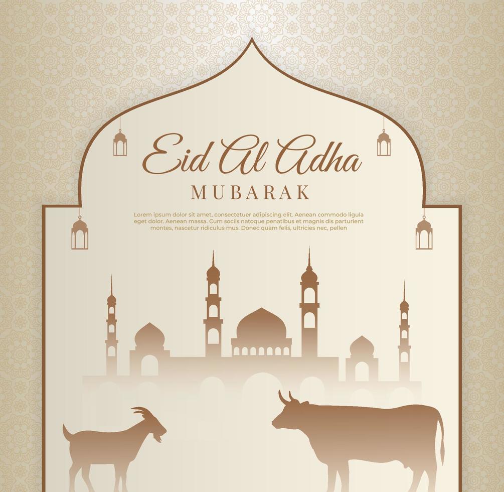 diseño de eid al adha con mezquita, linterna, vaca y cabra. fondo del festival islámico de mubarak vector