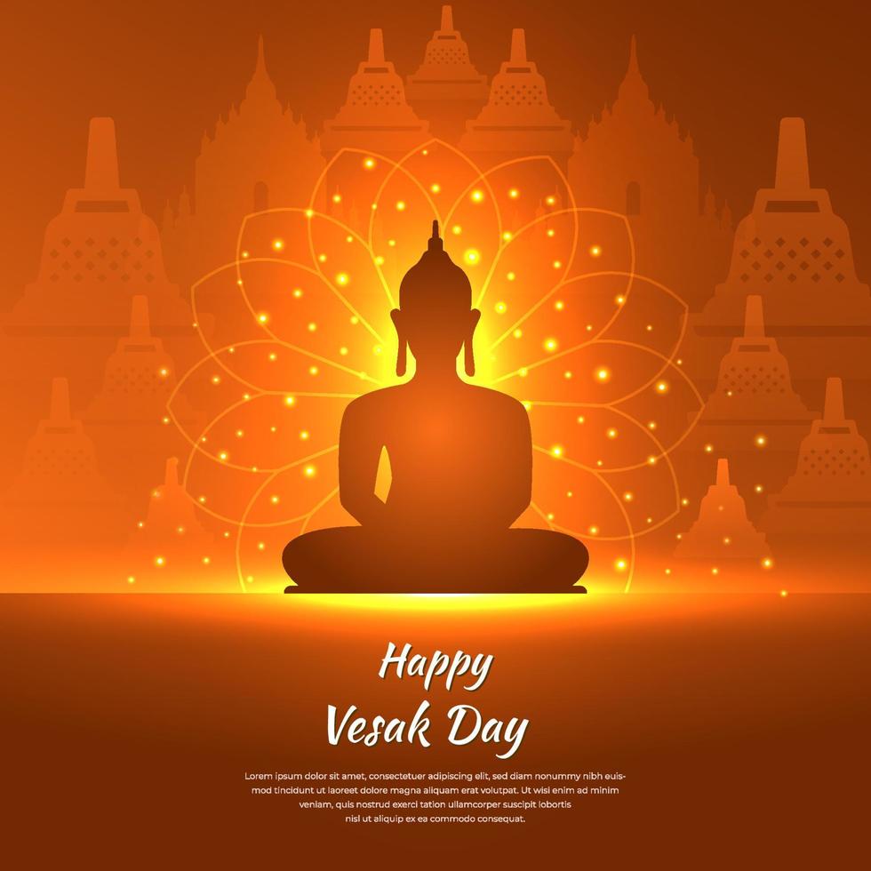 Celebration Vesak Day Design. Vesak Day background vector illustration with temple and shinny Lord Buddha silhouette.