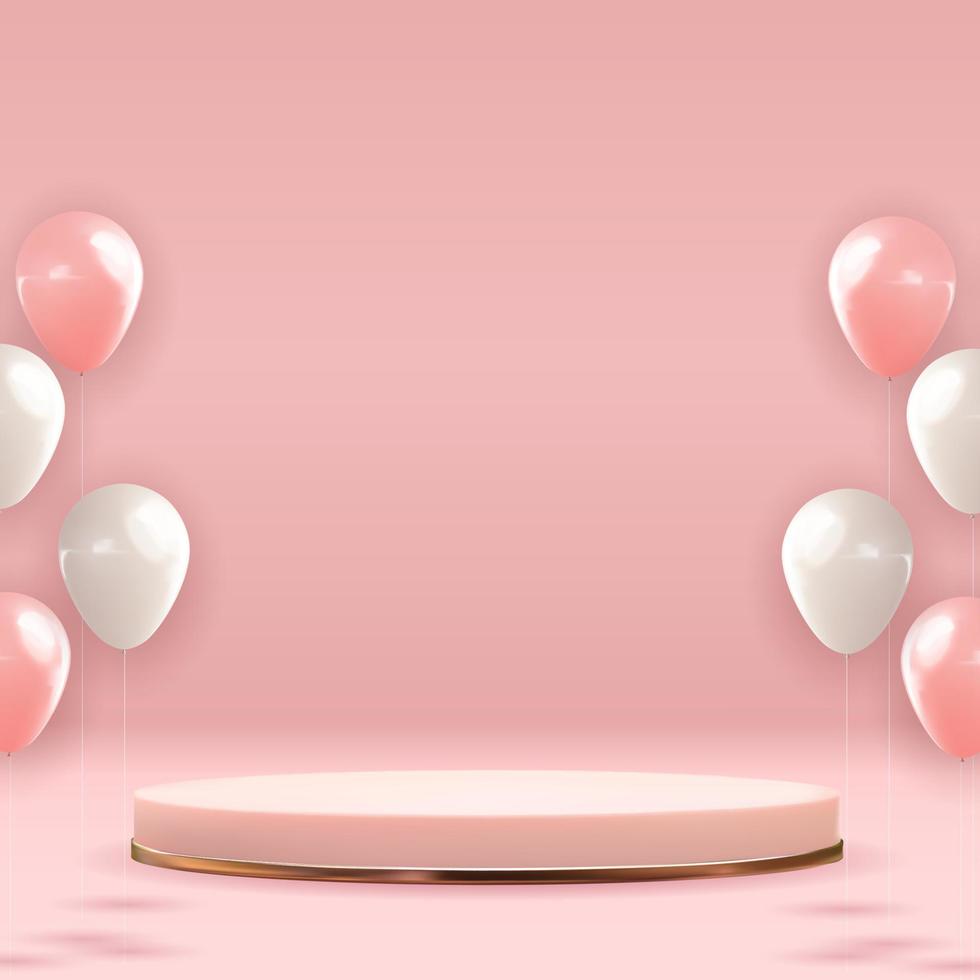 Rose gold pedestal over pink pastel natural background with balloons. Trendy empty podium display for cosmetic product presentation, fashion magazine. Copy space vector illustration