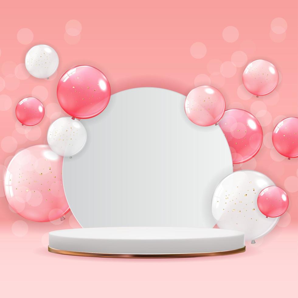 Rose gold pedestal over pink pastel natural background with balloons. Trendy empty podium display for cosmetic product presentation, fashion magazine. Copy space vector illustration