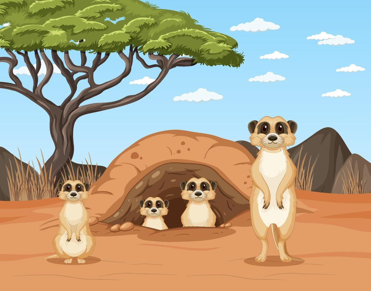 escena del desierto con grupo de suricatas vector
