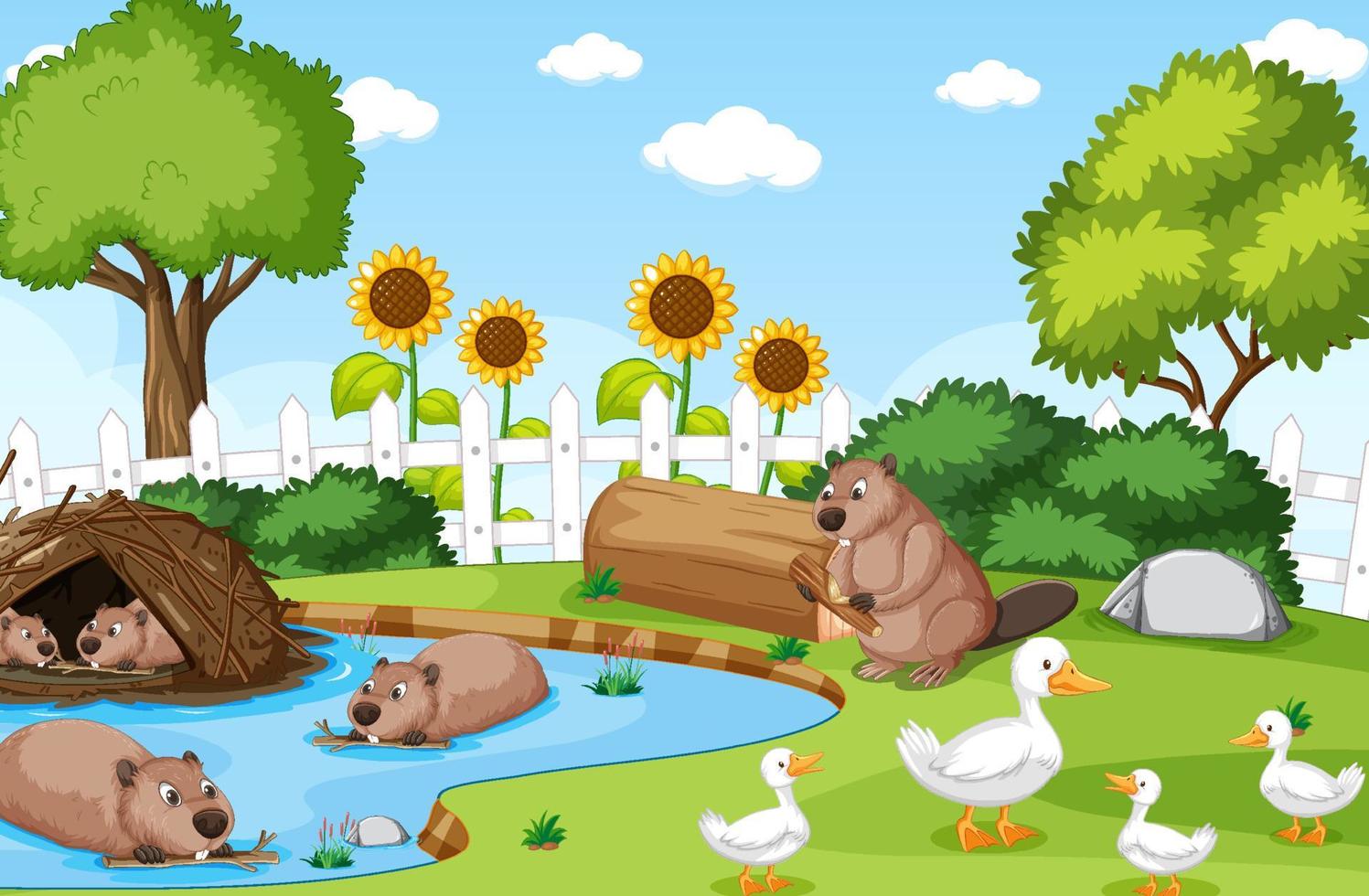 escena de la naturaleza con castores y patos vector