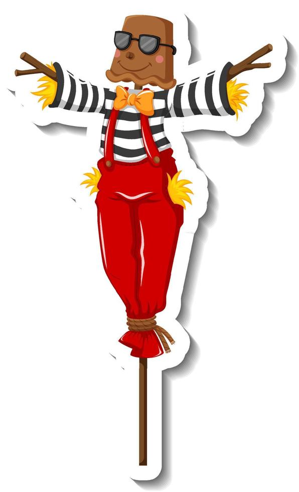 Scarecrow wearing red overall on wooden stick vector