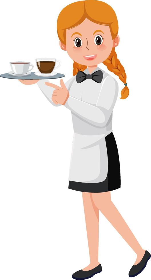 Young female waitress cartoon character on white background vector