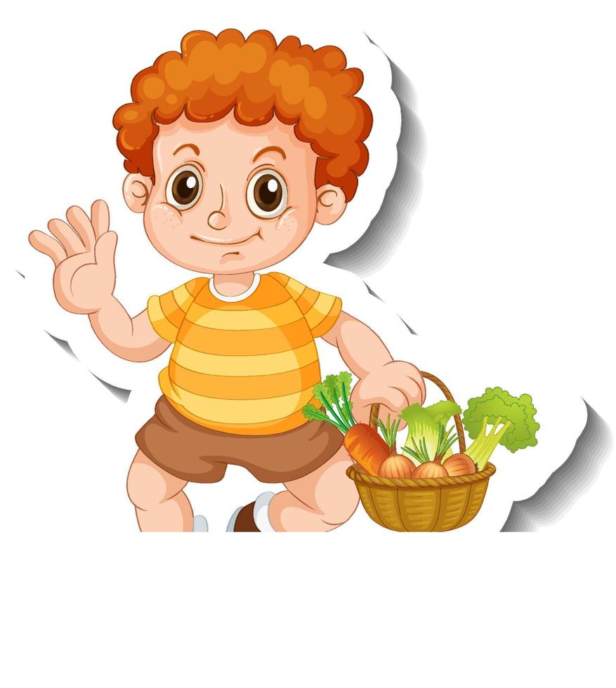 Sticker template with a boy holding vegetabls basket isolated vector