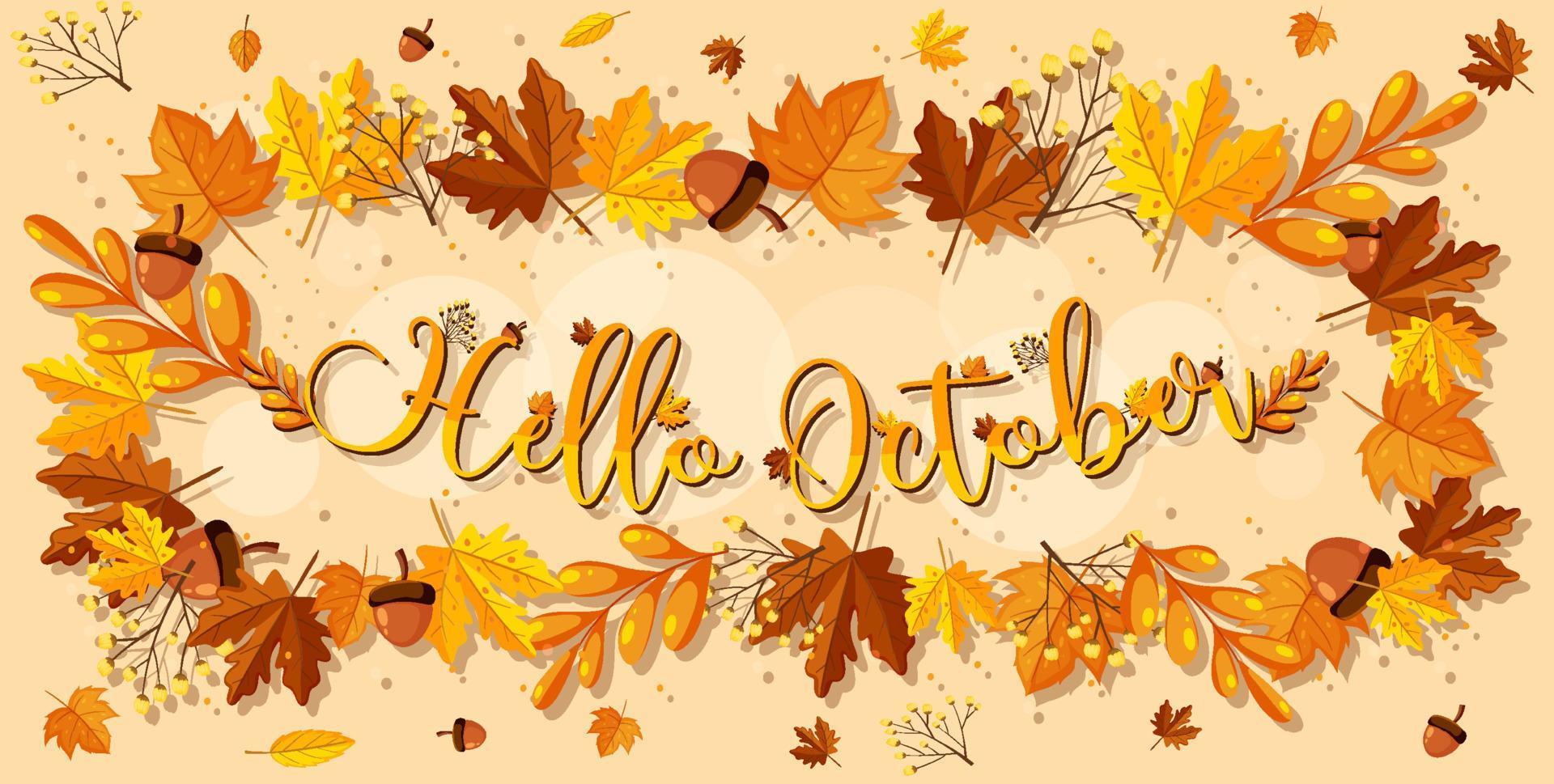 Hello October logo with ornamental autumn leaf vector