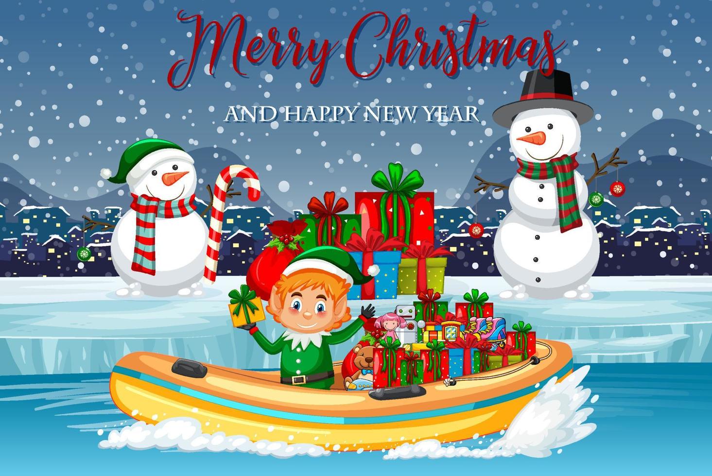 Merry Christmas poster with elf delivering gifts by boat vector