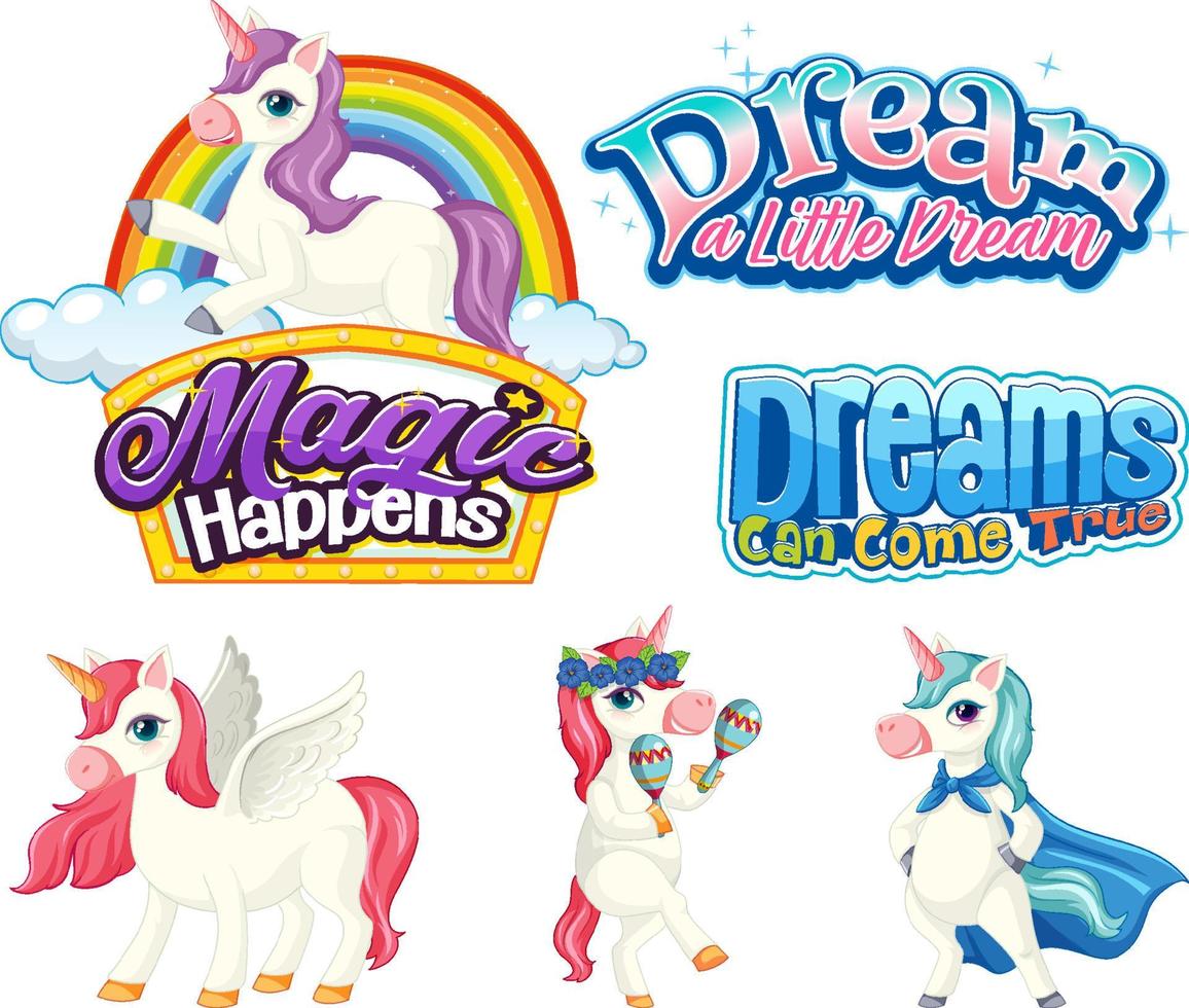 conjunto de personajes de dibujos animados de unicornio de cuento de hadas vector