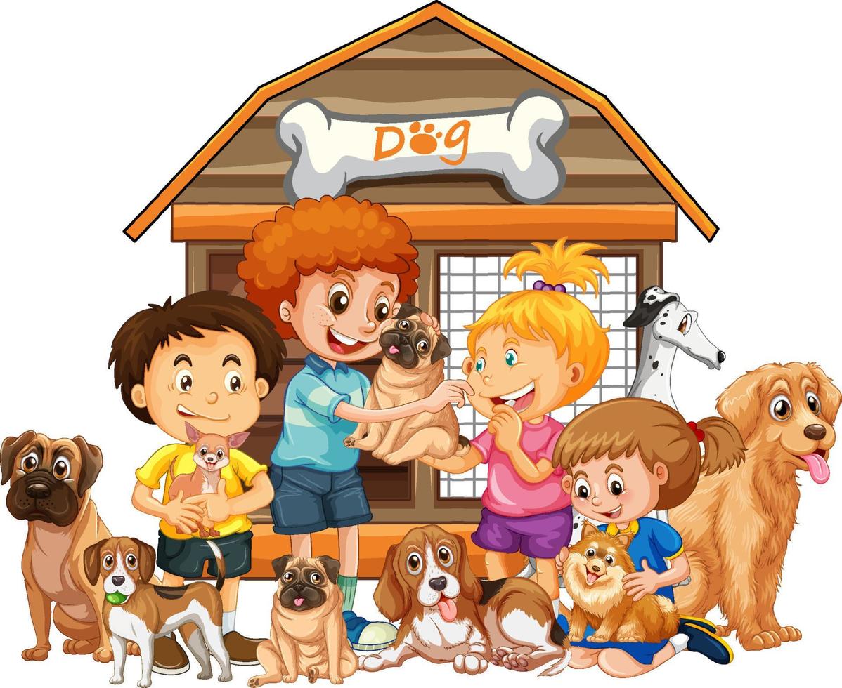 niños felices con sus perros en estilo de dibujos animados vector