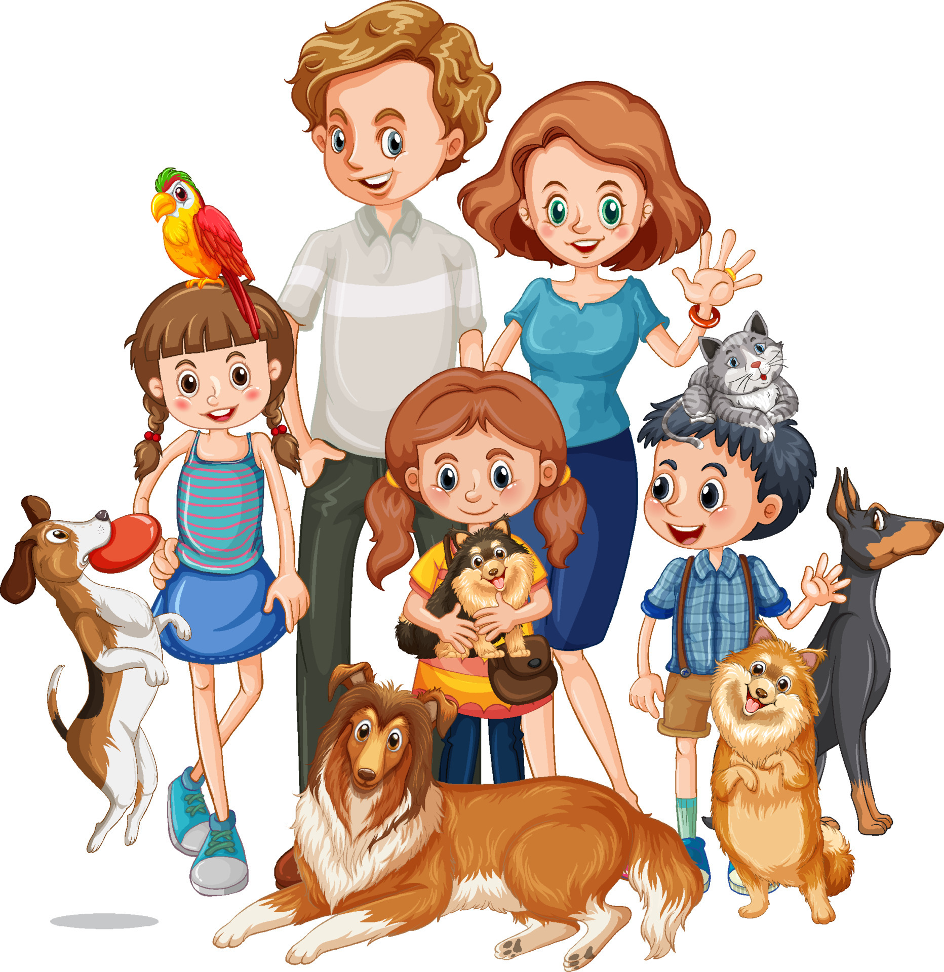 Happy family with their pets in cartoon style 5181285 Vector Art at Vecteezy