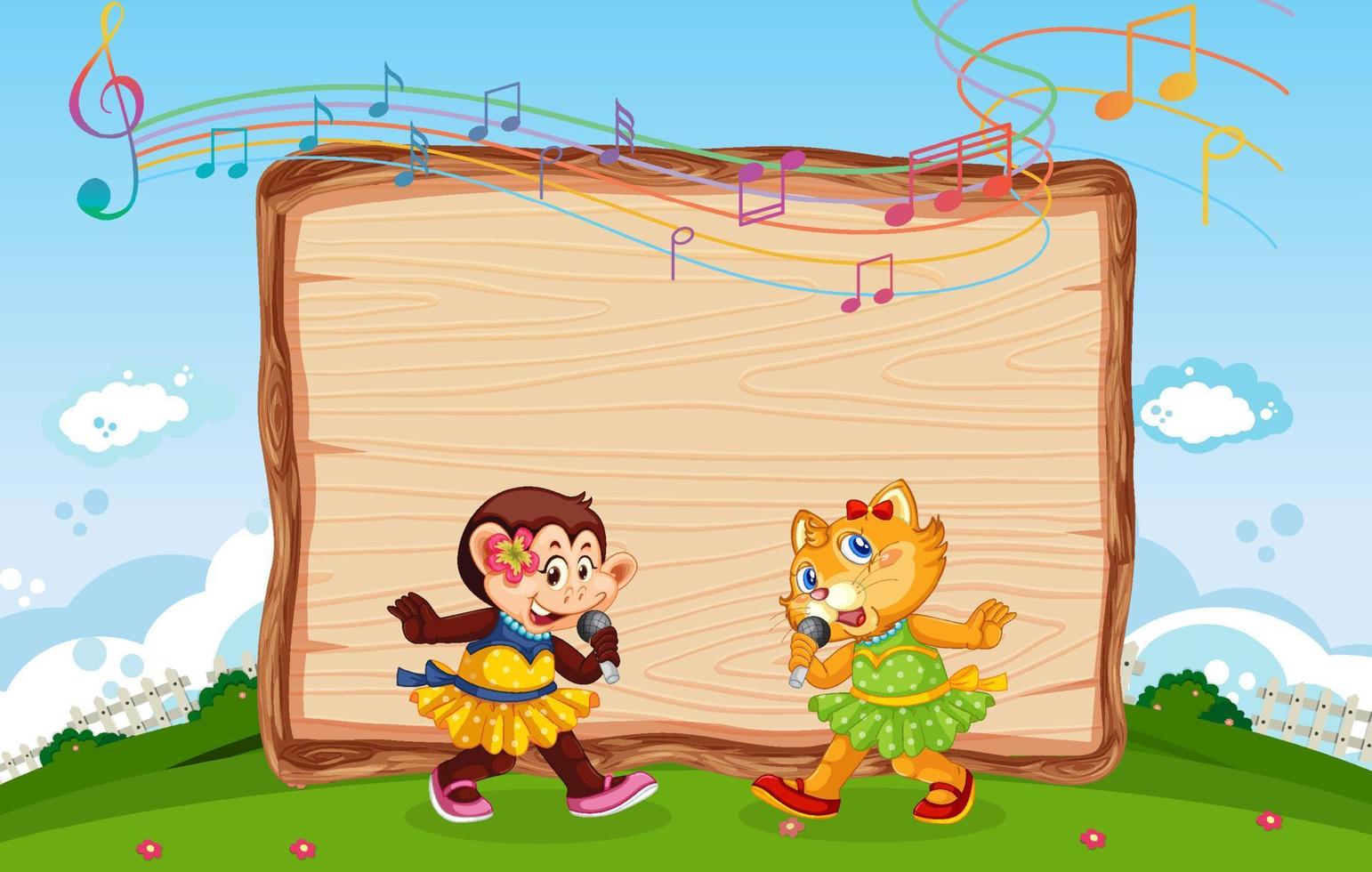 Empty wooden board with cat and monkey at nature park vector