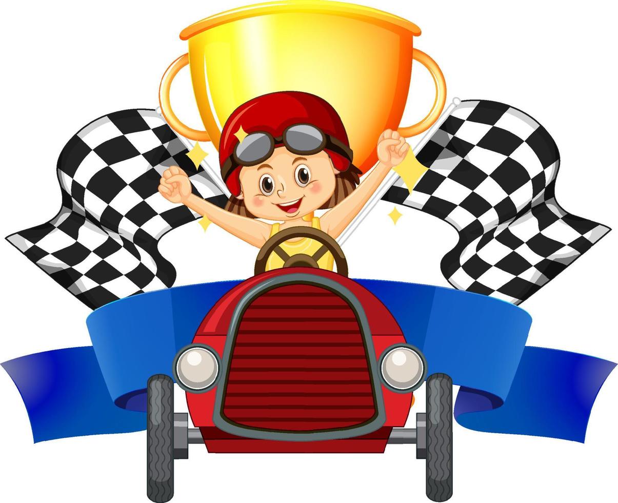 corredor de autos de niña en trofeo y bandera de carrera vector