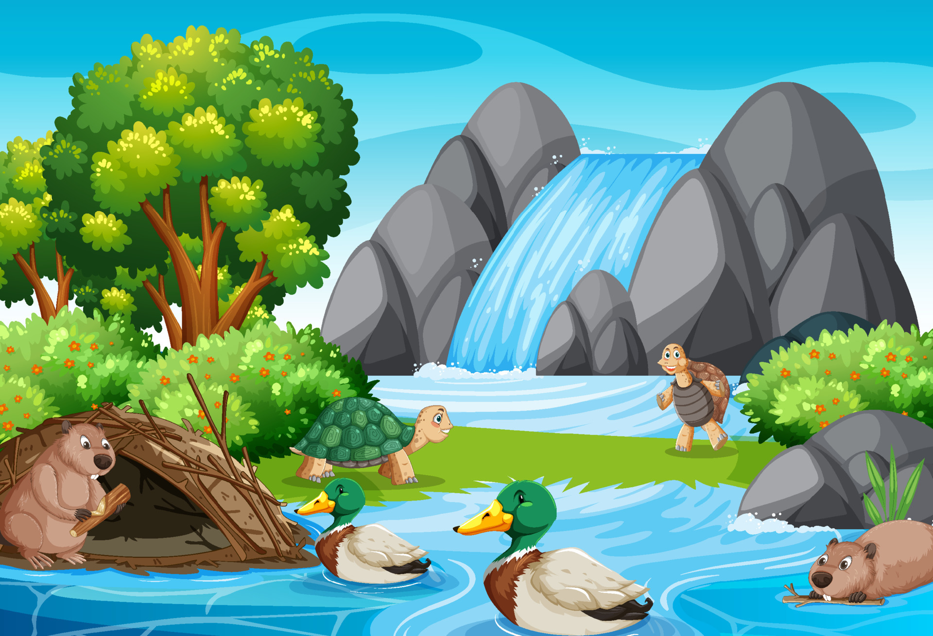 Waterfall in forest background with wild animals 5181330 Vector Art at  Vecteezy