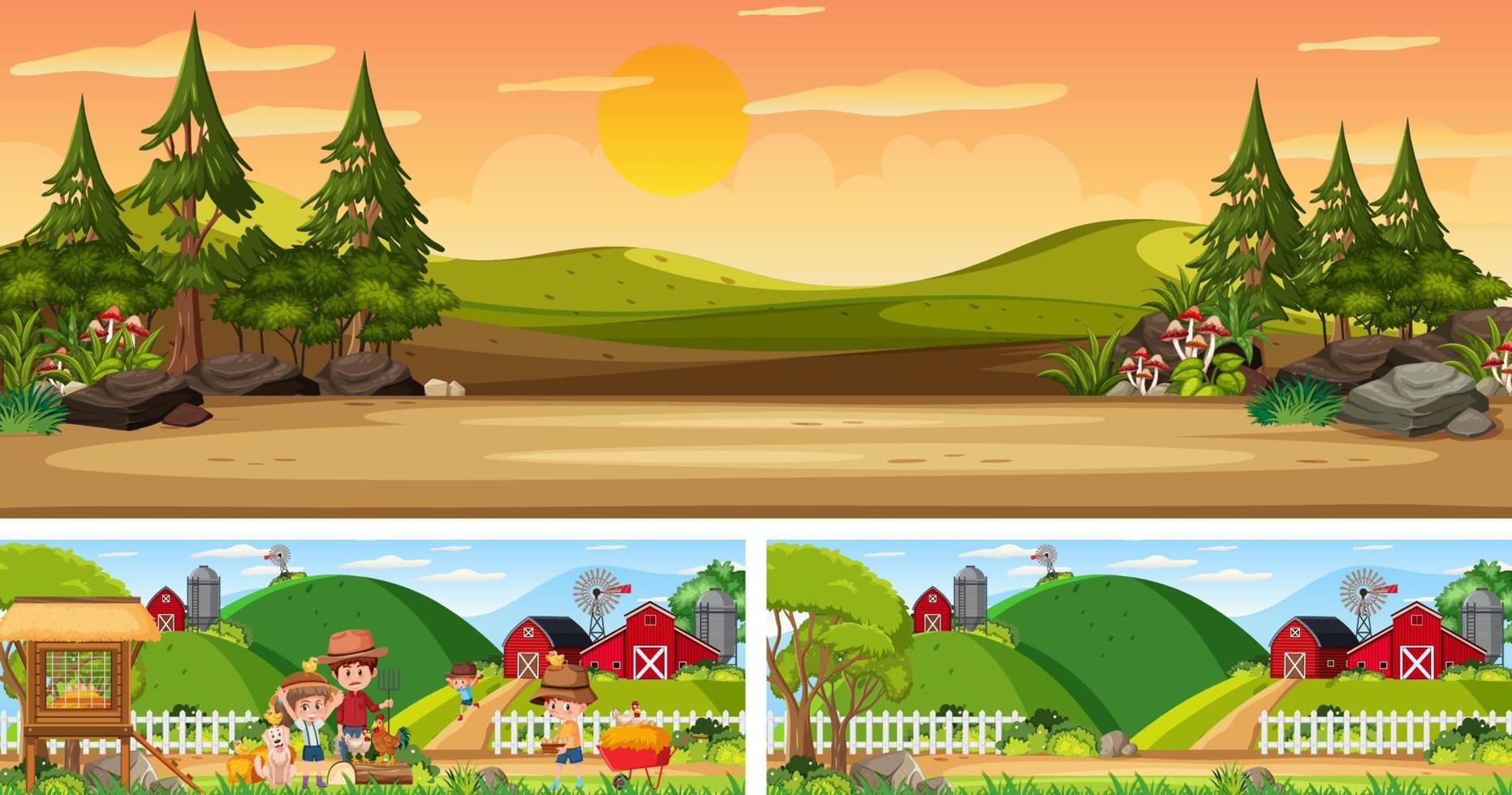 conjunto de paisaje panorámico al aire libre con personaje de dibujos animados vector