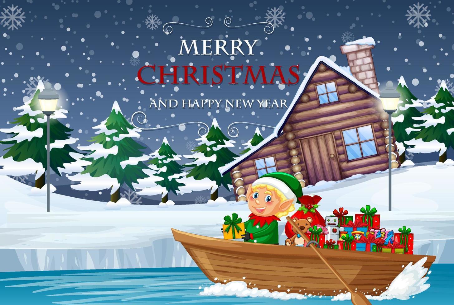 cartel de feliz navidad con duende entregando regalos en bote de remos vector
