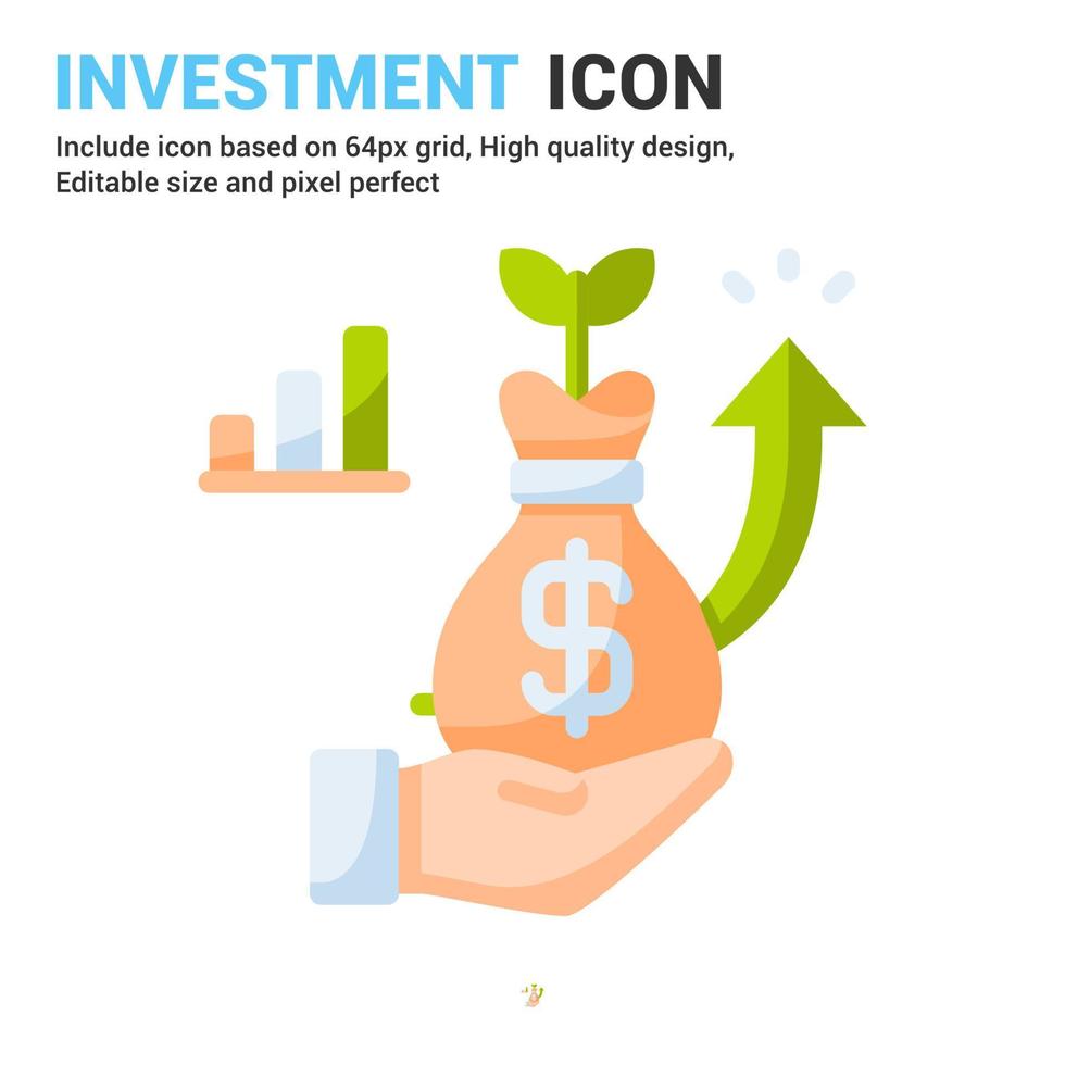 Investment icon vector with flat color style isolated on white background. Vector illustration money bag sign symbol icon concept for business finance industry company apps web and all project