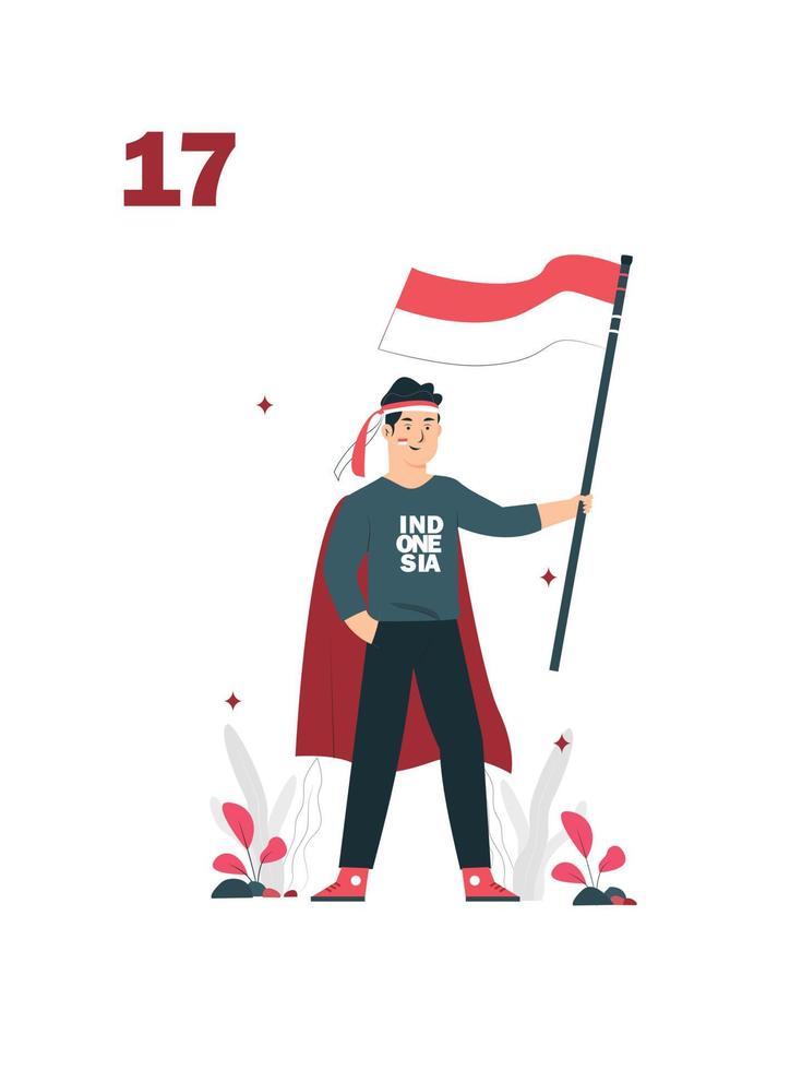 August 17th. spirit of Indonesian Independence Day. 2 young people celebrate independence day by carrying flags, a symbol of the spirit of independence. Use for banners, and backgrounds vector