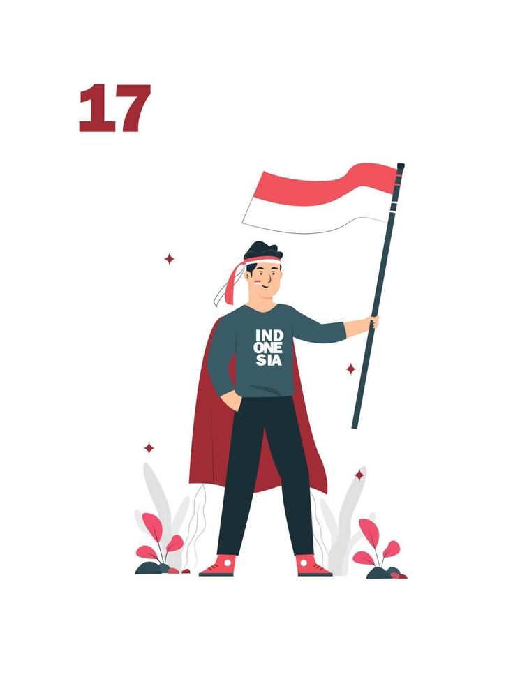 17 de agosto espíritu del día de la independencia de indonesia. 2 jóvenes celebran el día de la independencia portando banderas, símbolo del espíritu independentista. usar para pancartas y fondos vector