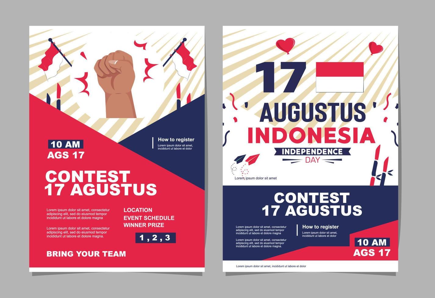 17 de agosto espíritu del día de la independencia de indonesia. 2 jóvenes celebran el día de la independencia portando banderas, símbolo del espíritu independentista. usar para pancartas y fondos vector