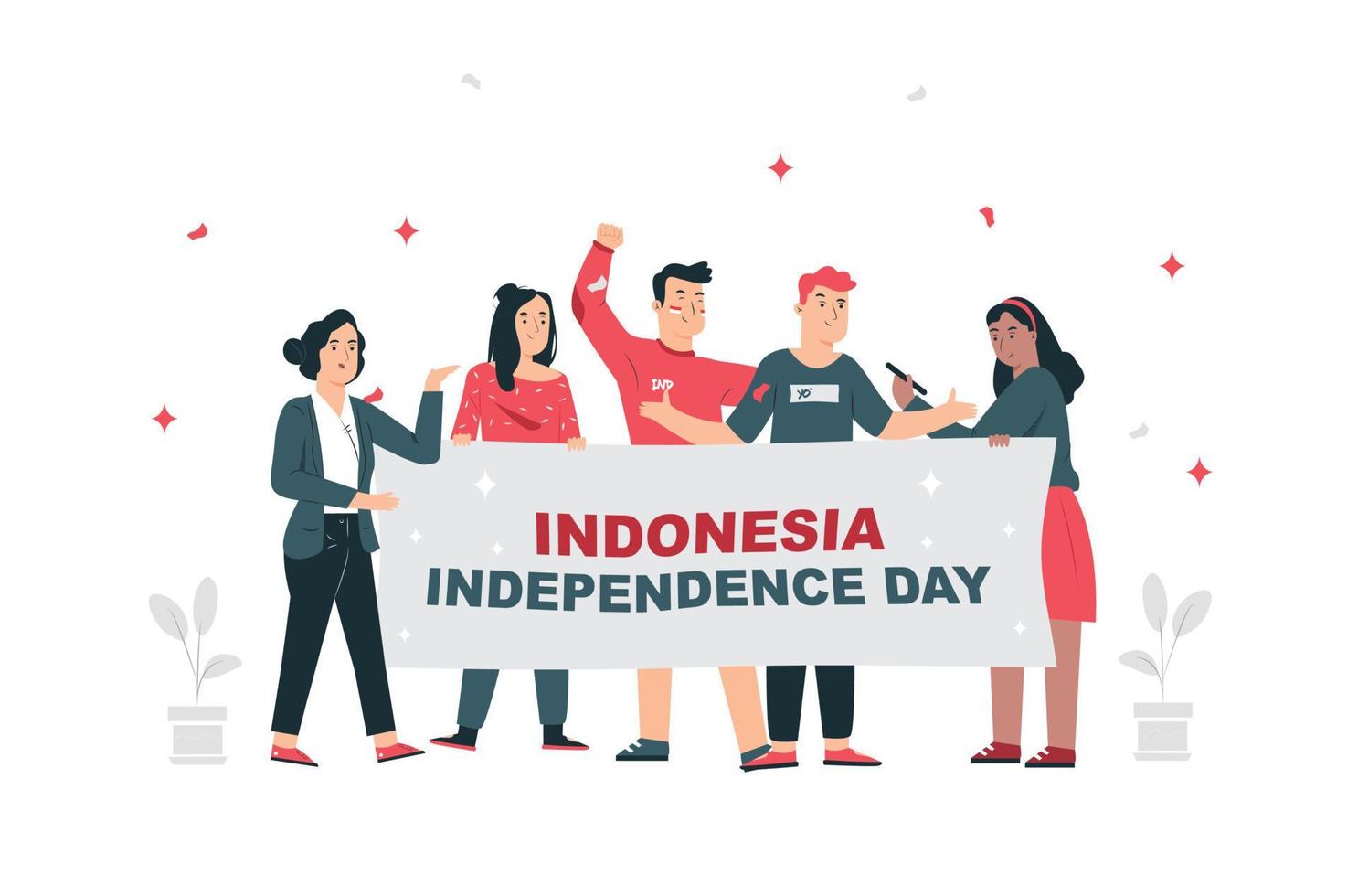 17 de agosto espíritu del día de la independencia de indonesia. 2 jóvenes celebran el día de la independencia portando banderas, símbolo del espíritu independentista. usar para pancartas y fondos vector