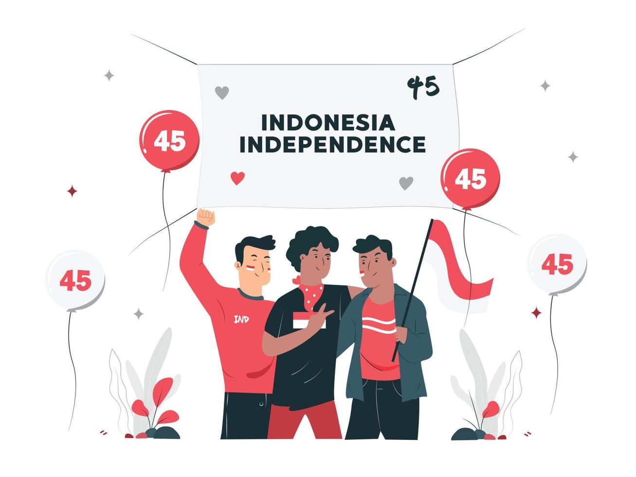 17 de agosto espíritu del día de la independencia de indonesia. 2 jóvenes celebran el día de la independencia portando banderas, símbolo del espíritu independentista. usar para pancartas y fondos vector