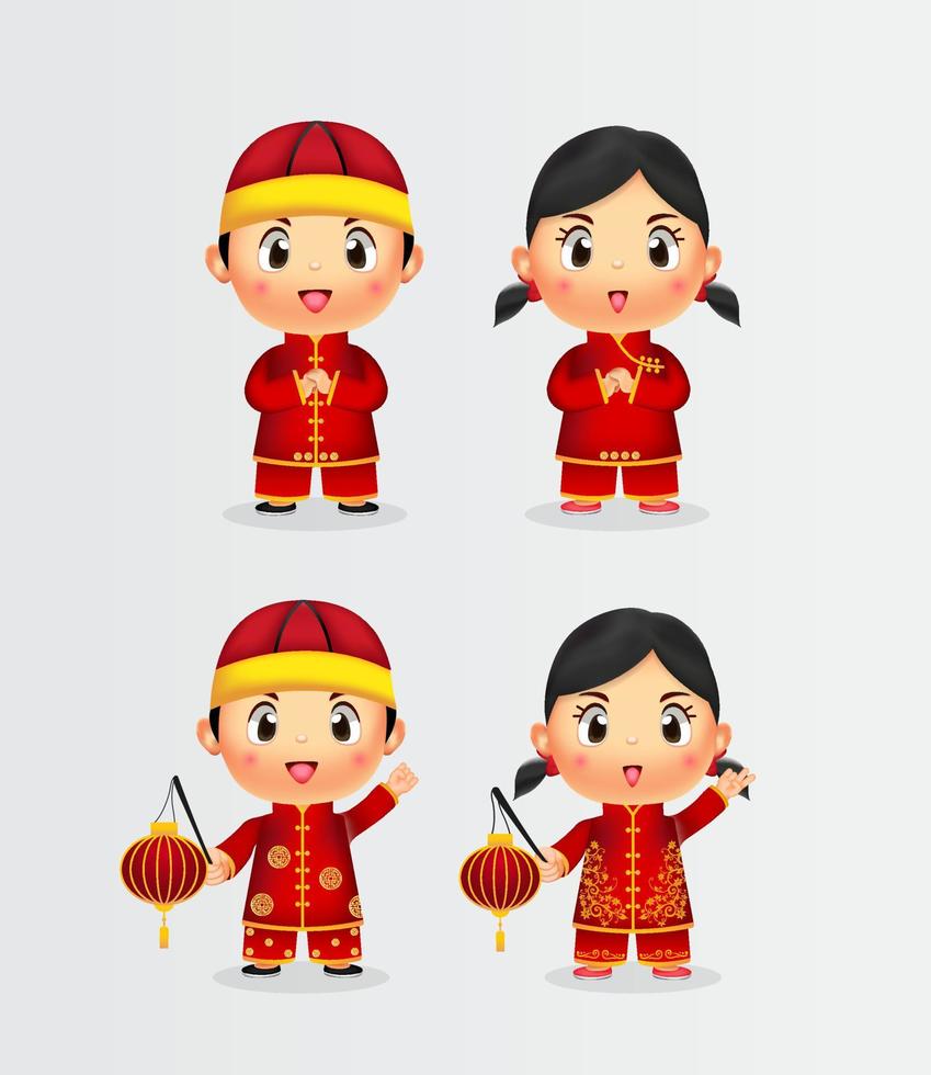 Collection of chinese kids. Happy Chinese New Year with couple kids. Chinese Kids with lampion. vector