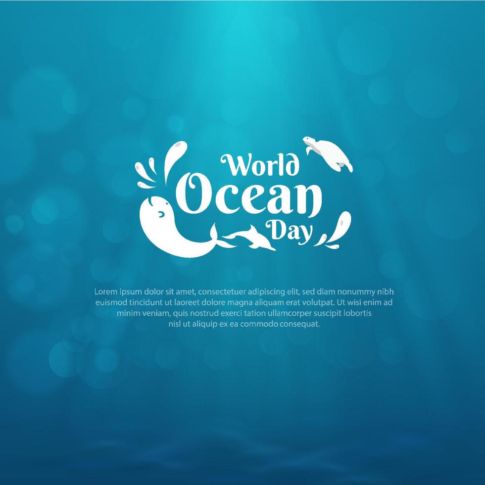 diseño del día mundial de los océanos con océano submarino, delfines, ballenas y tortugas. evento del día mundial de los océanos vector