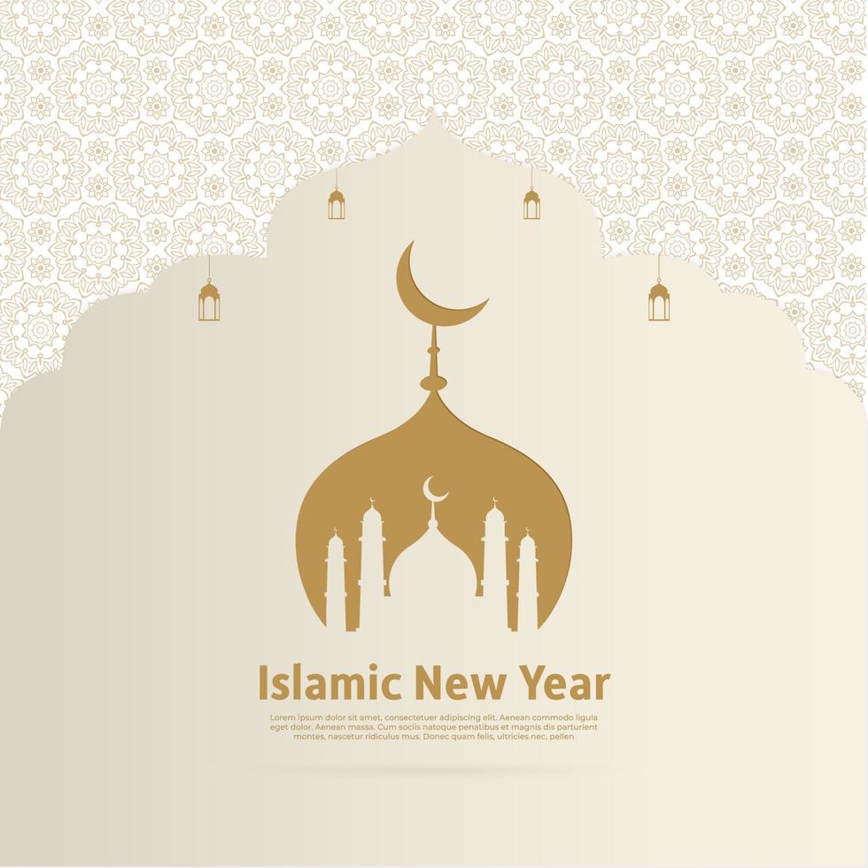 Happy Muharram islamic new year background with mosque and mandala arabic. islamic new year design vector