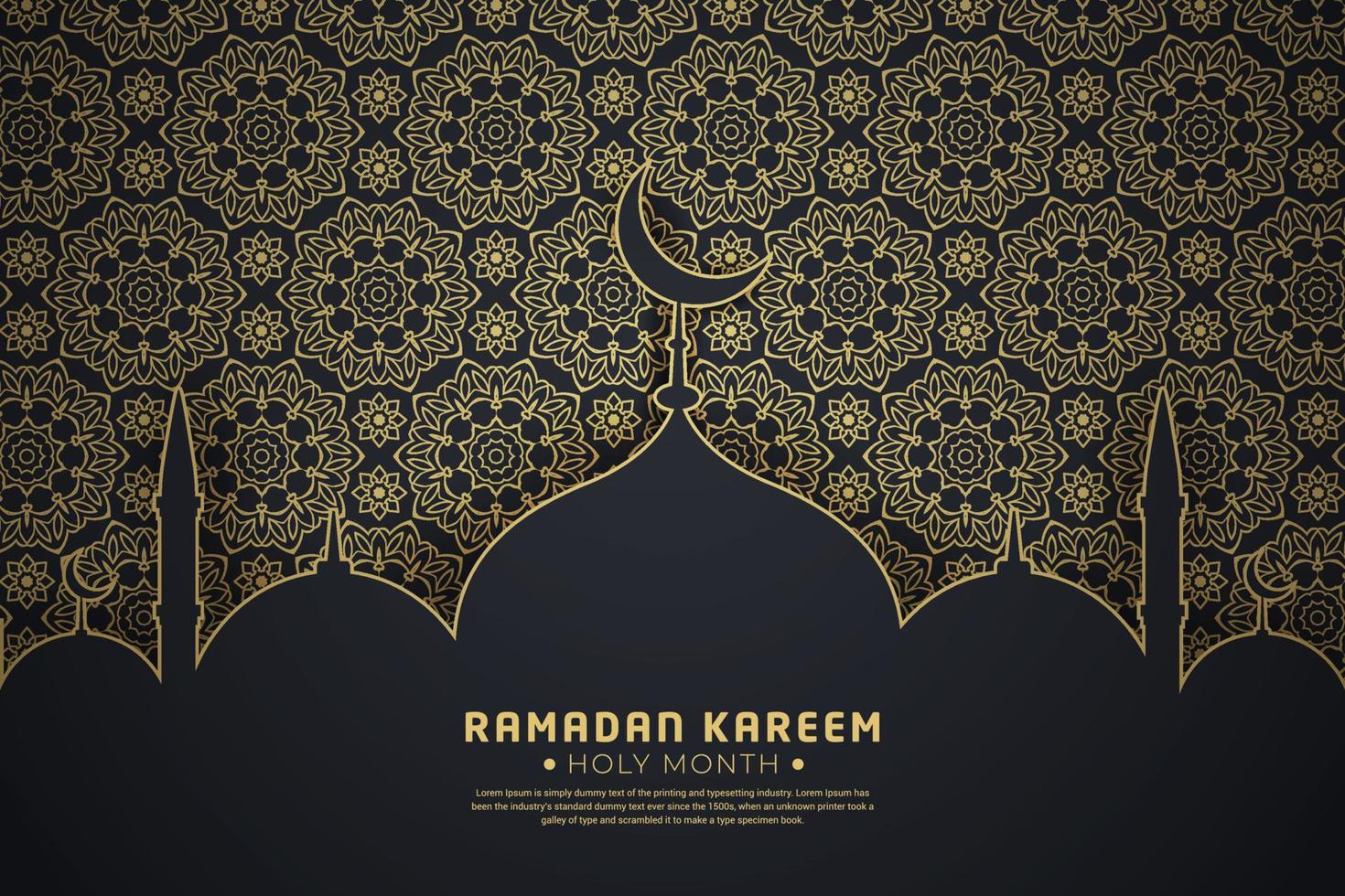 Ramadan Kareem template with mandala pattern and mosque. Vector Islamic background