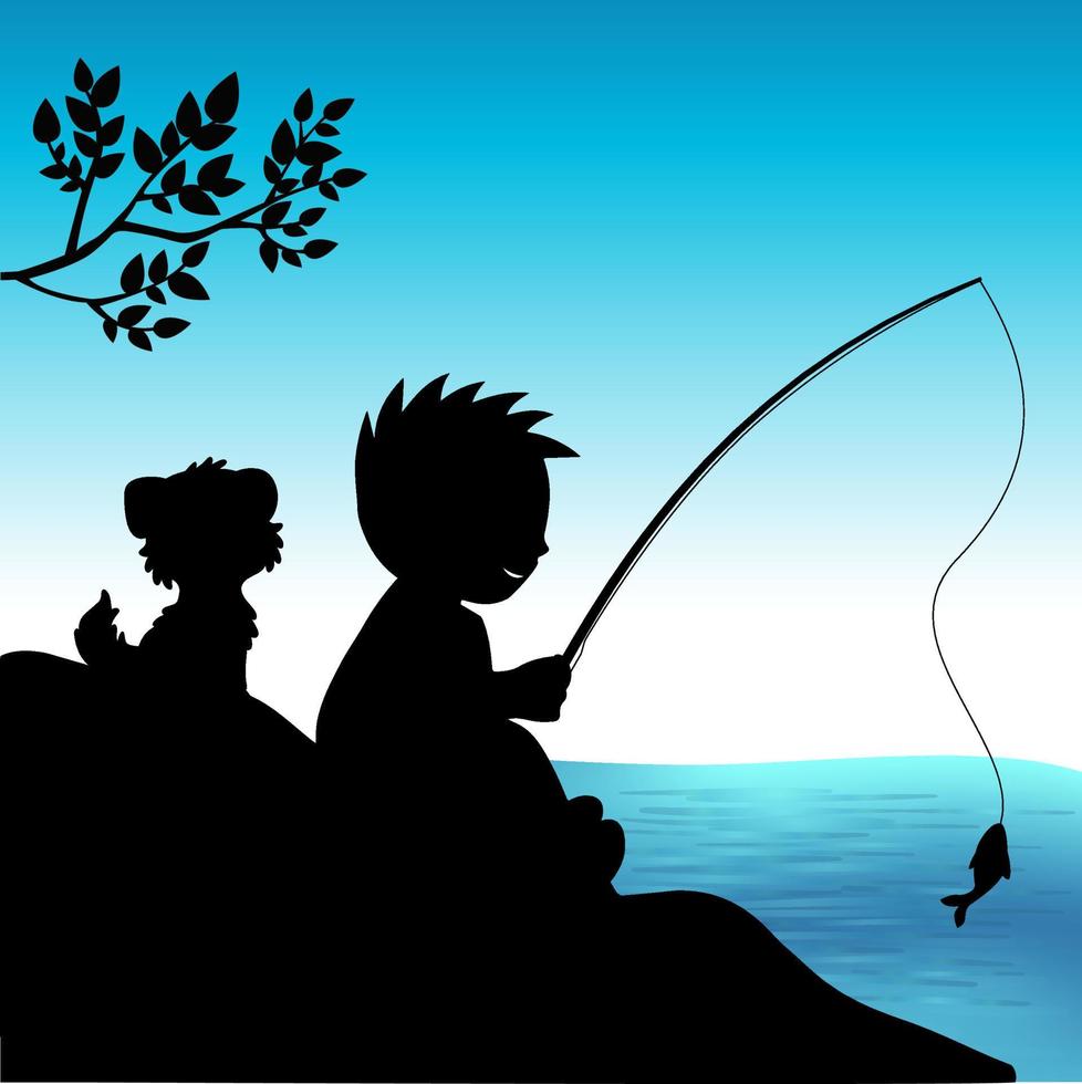 Best Friend background, silhouette of boy with his cute dog .Boy is fishing in river. Vector Illustration