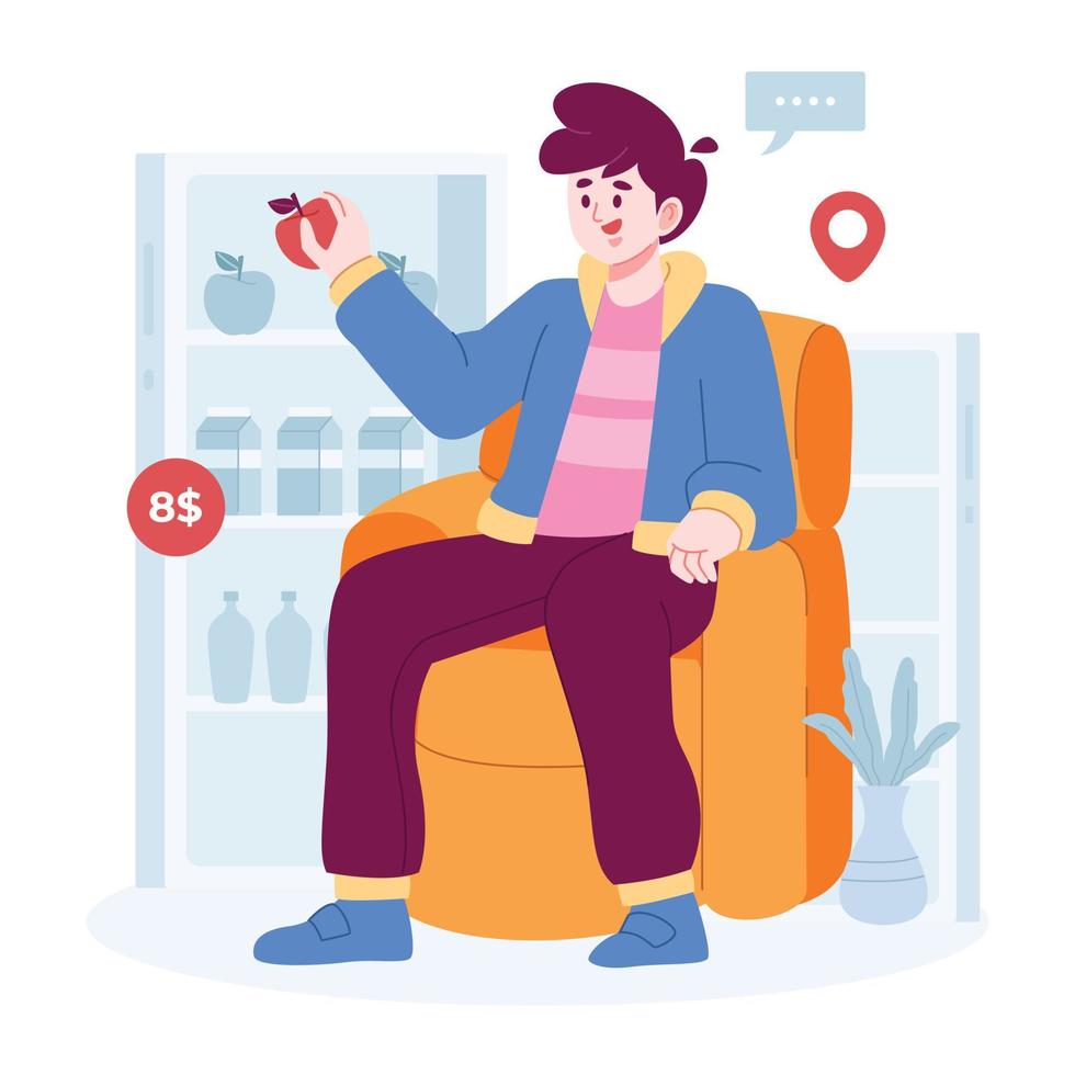 Online Shop concept vector Illustration idea for landing page template, a man shop at an online store sittin on a couch, shop, Hand drawn Flat Styles