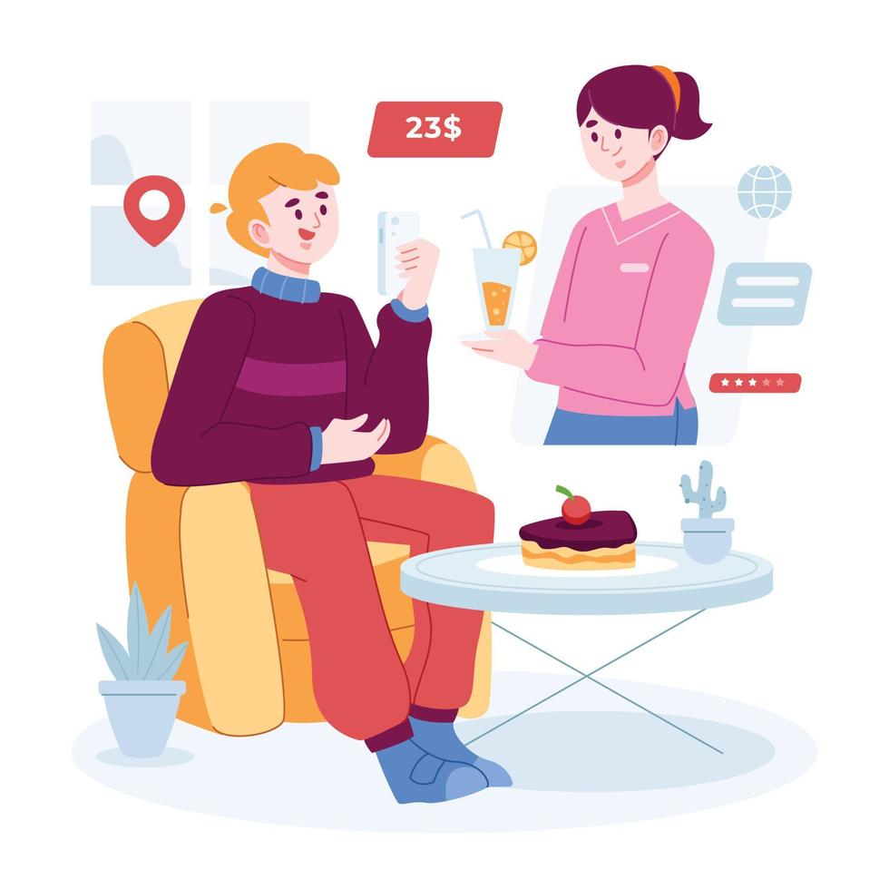 Online Shop concept vector Illustration idea for landing page template, a man shop at an online store sittin on a couch, order food shop, Hand drawn Flat Styles