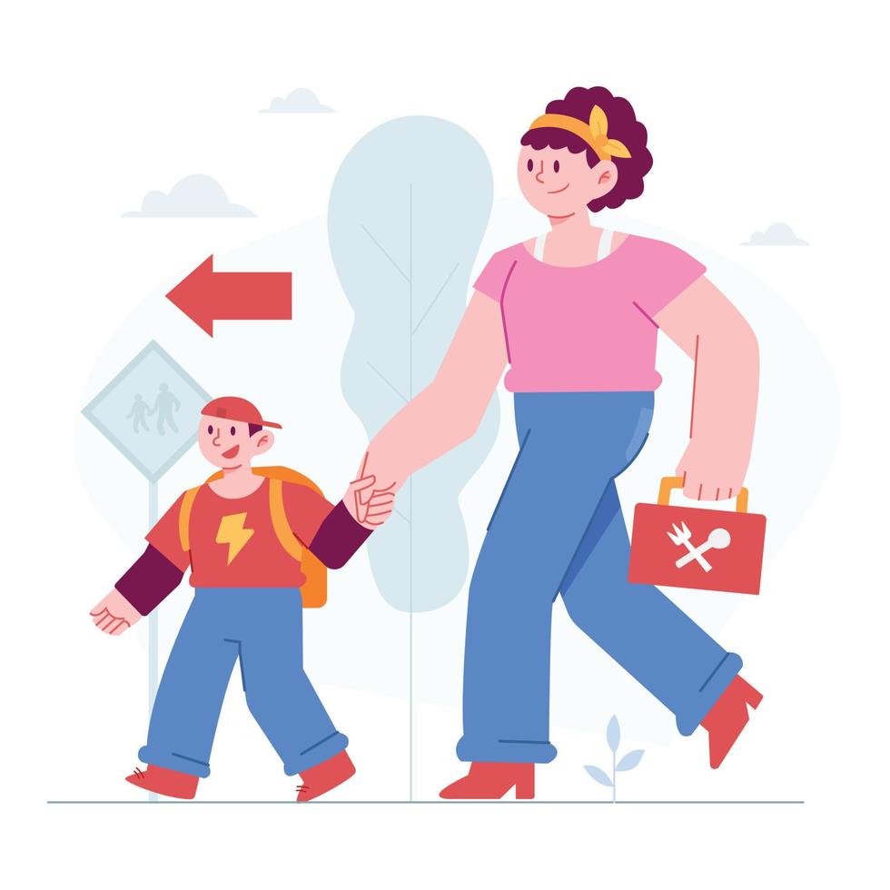 Back to school concept vector Illustration idea for landing page template, kid class doing lesson for knowledge education, elementary school children go to school with parent, Hand drawn Flat Styles