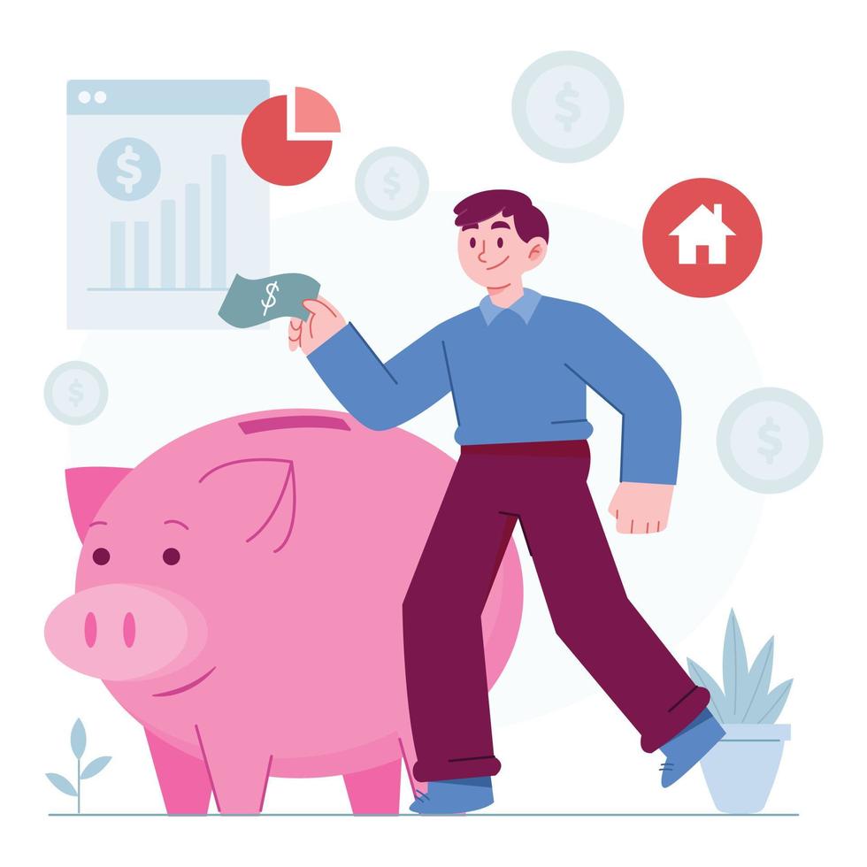 Money saving concept vector Illustration idea for landing page template, financial wealth money saving, investment success and safe economy with budget piggy bank, Hand drawn Flat Styles