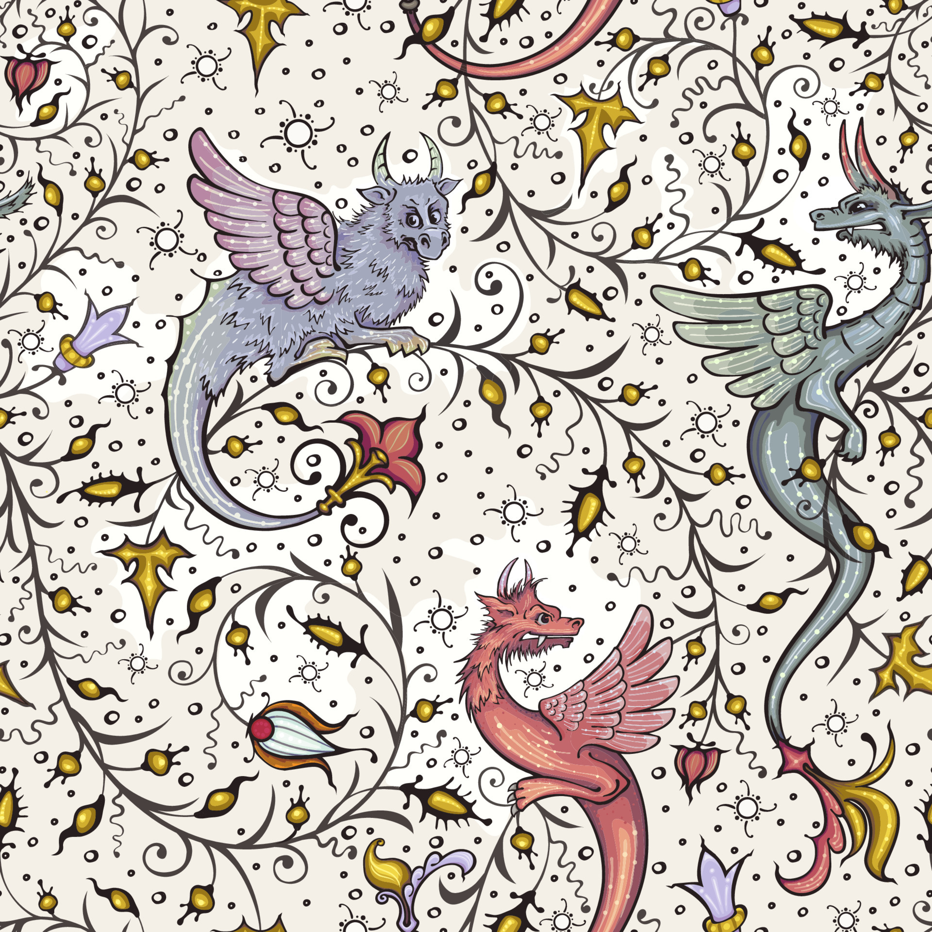 Medieval seamless pattern. Ancient book miniature. Magic manuscript