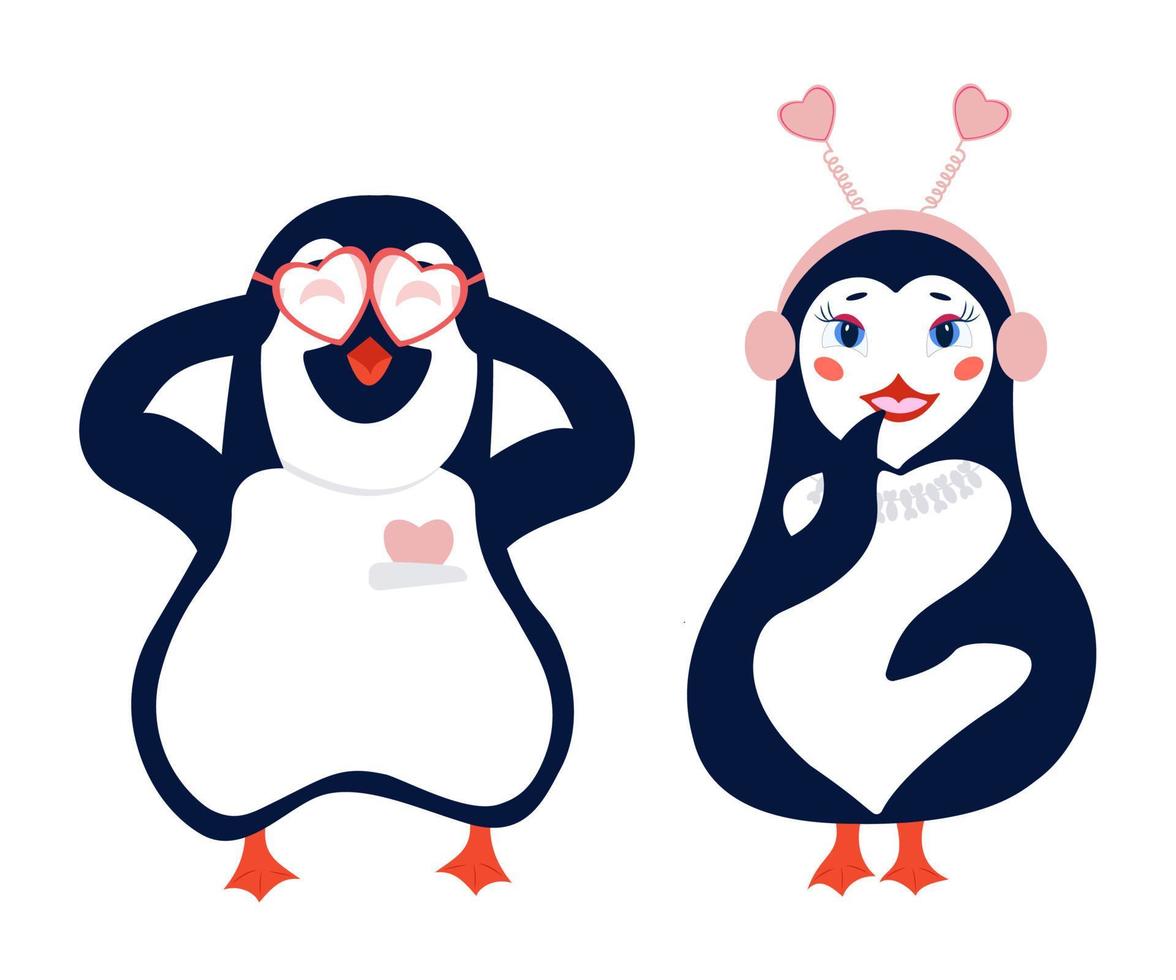 pingüinos enamorados. ilustración vectorial. un par de dibujos animados de pingüinos, un niño y una niña están de pie y sonriendo, un corazón sobresale en un bolsillo. vector