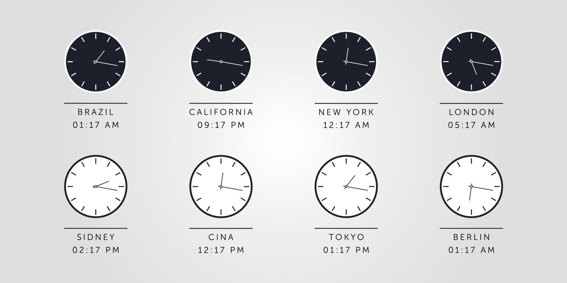Set of day and night clock for time zones different cities.  Vector Illustration