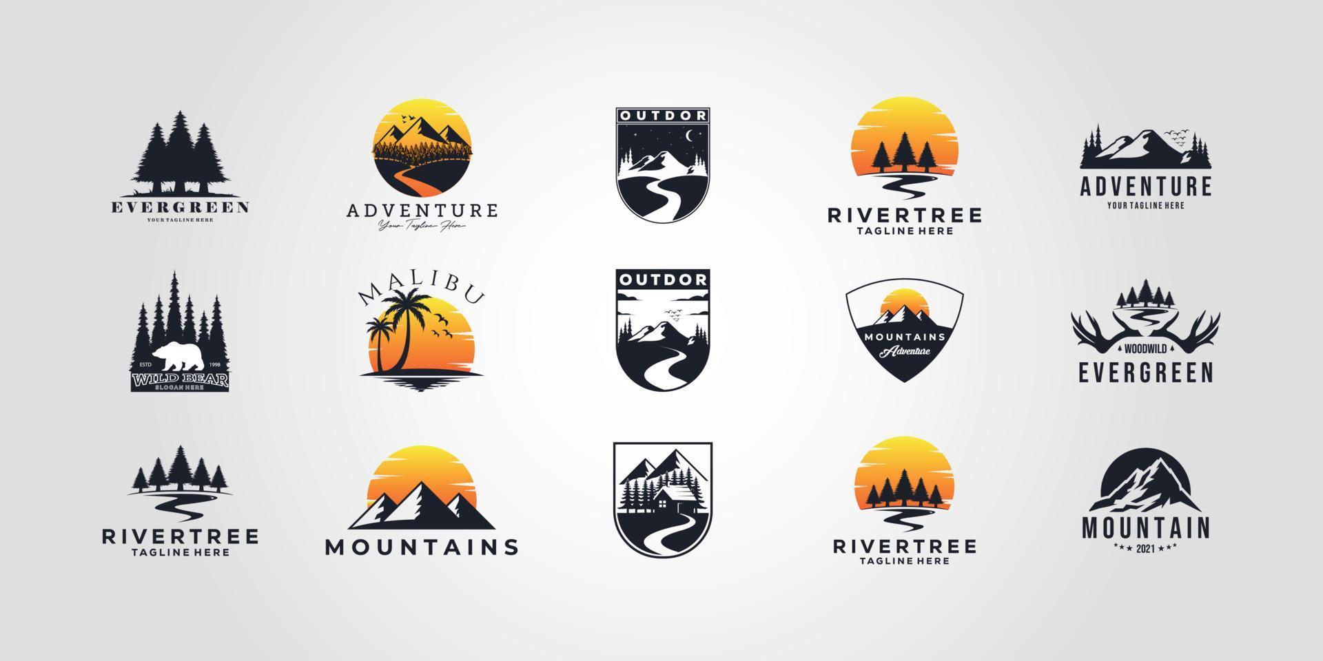 set bundle mountain bundle mountain adventure outdoor landscape logo vector set illustration design collection , camping, wild, life, style, hobby, sport