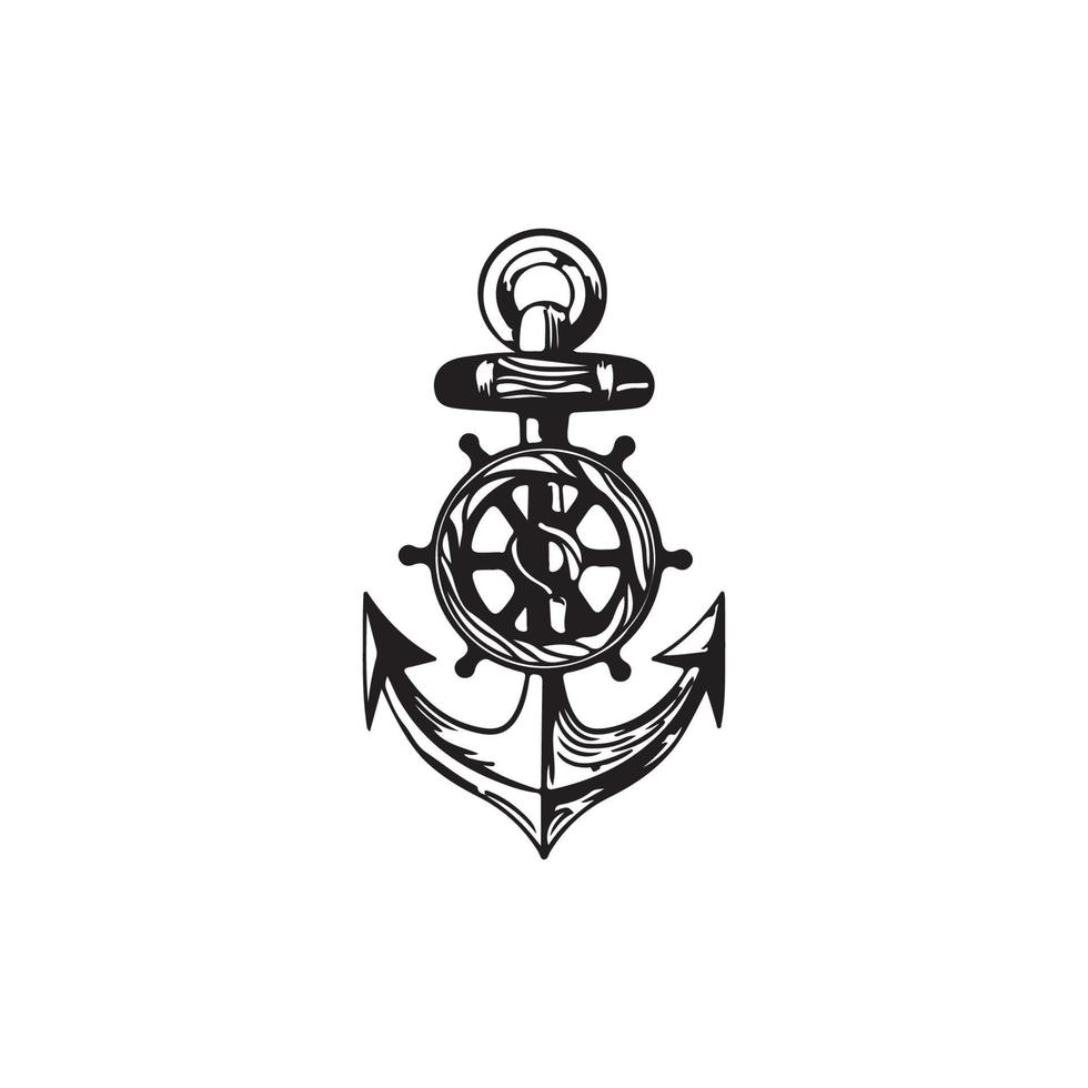 Ship steering wheel and anchor. Black icon, logo element, flat vector illustration isolated on white background.