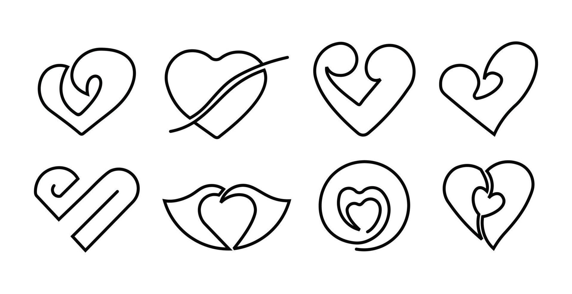 conjunto de vectores de iconos de corazón, icono de amor romántico con línea continua, conjunto de iconos de corazón de feliz día de San Valentín