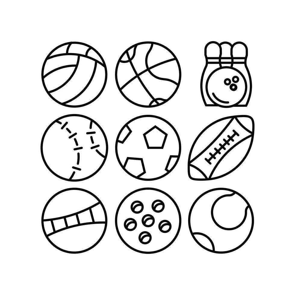 conjunto de iconos deportivos de pelota, icono de pelota contorno de línea delgada símbolo de pelota deportiva lineal para el logotipo. vector