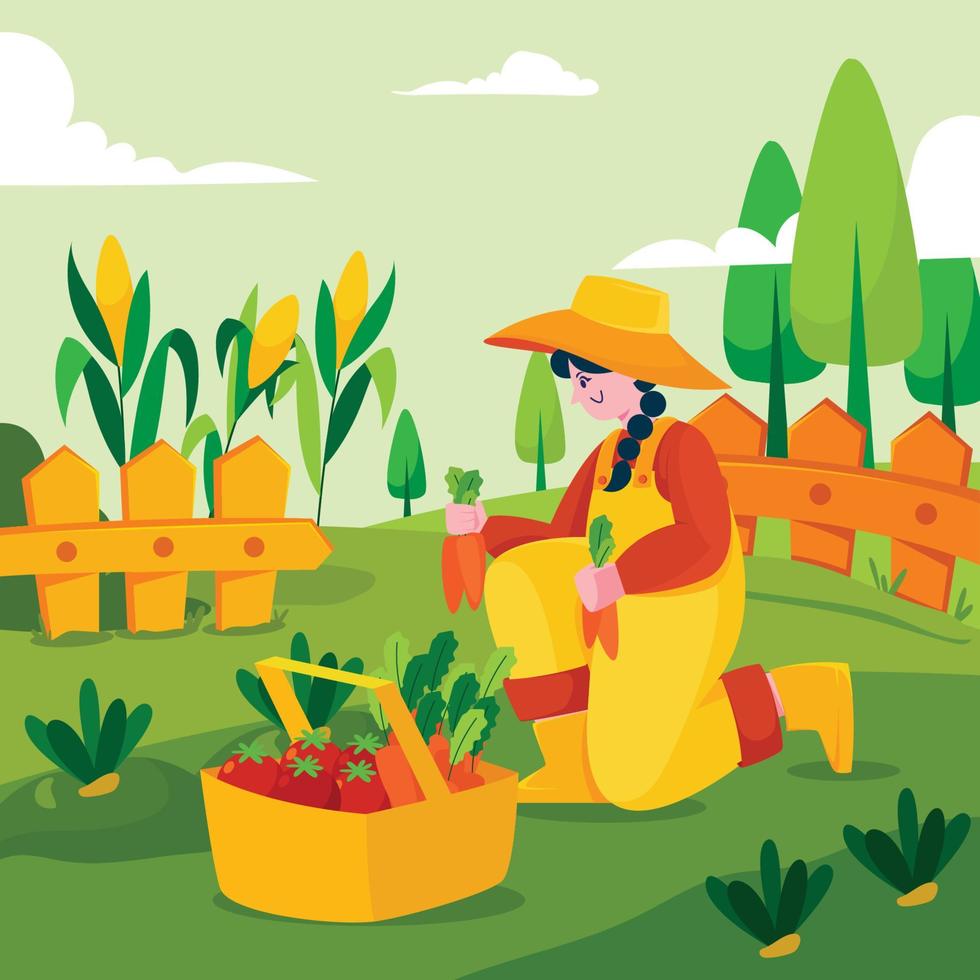Woman Farmer Harvesting Carrots vector